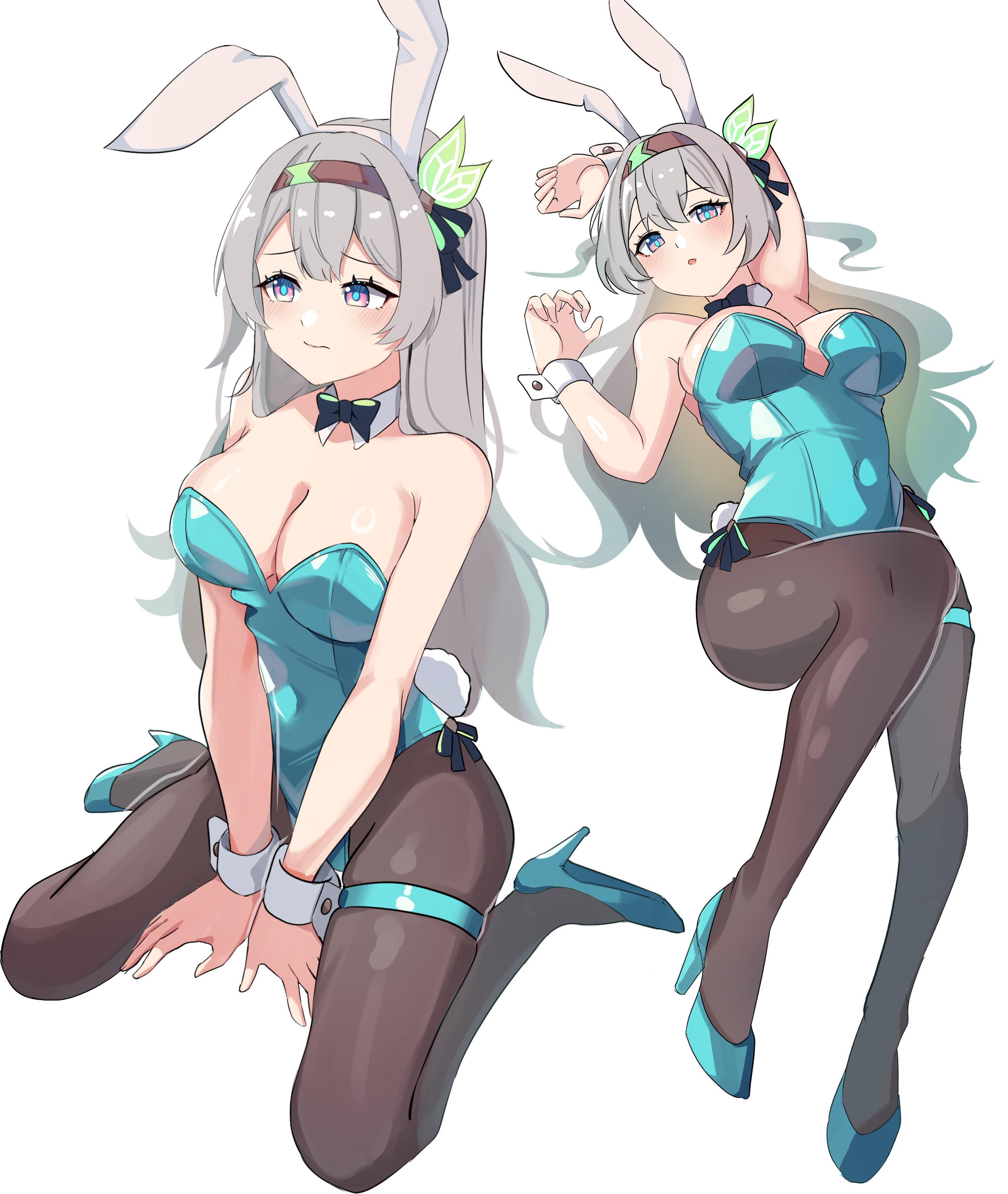 1girls, breasts, bunny ears, bunnysuit, exposed breasts, firefly (honkai: star rail), green bunnysuit, honkai: star rail, hoyoverse, long hair, mihoyo, multicolored eyes, multicolored hair, pantyhose, thighband