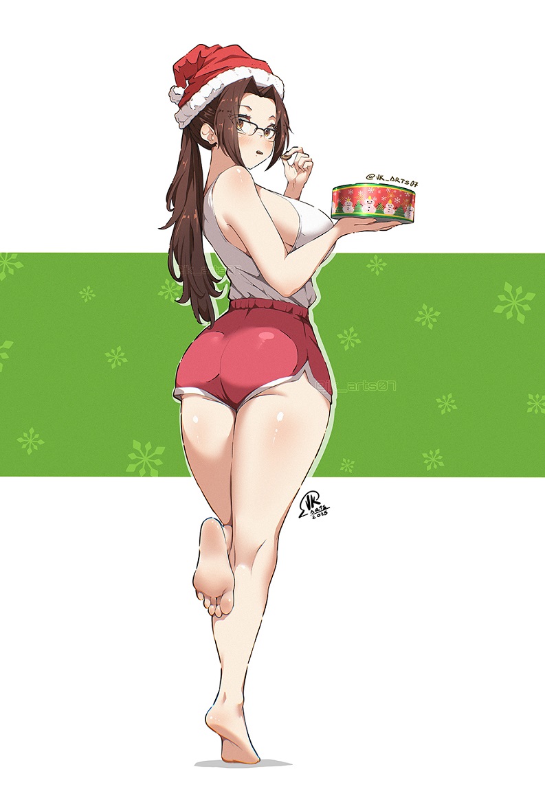 1girls, 2025, artist logo, ass, bare arms, bare legs, bare shoulders, barefoot, blush, breasts, brown eyes, brown hair, commentary, cookie, eating, english commentary, fatal fury, feet, female, food, fringe trim, from behind, fur trim, fur-trimmed headwear, hat, holding, holding cookie, holding food, jk arts, jk arts07, kneepits, large breasts, logo, long hair, looking at viewer, mai shiranui, mai shiranui (casual), parted bangs, ponytail, red hat, red shorts, santa hat, semi-rimless eyewear, shirt tucked in, shorts, soles, solo, standing, standing on one leg, street fighter, street fighter 6, tank top, the king of fighters, thighs, tiptoes, toes, white tank top