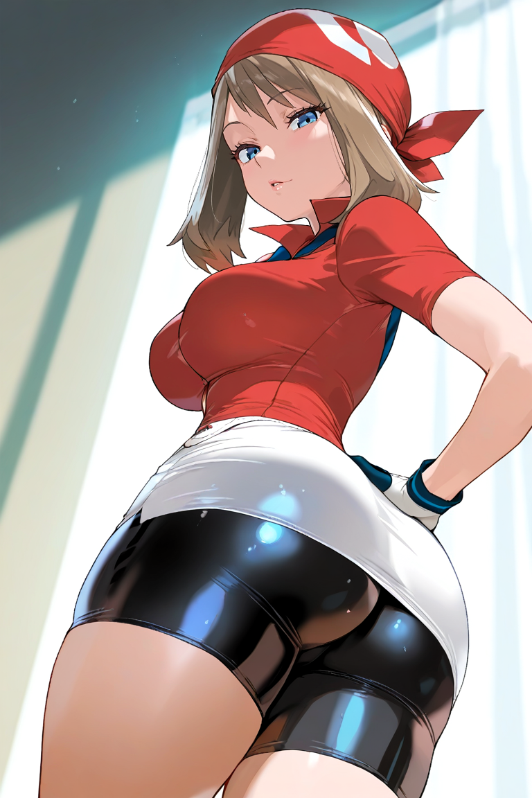 ai generated, ass, big ass, big breasts, breasts, female, female focus, female only, from below, looking at viewer, may (pokemon), pokemon, pokemon rse, seductive, seductive look, standing