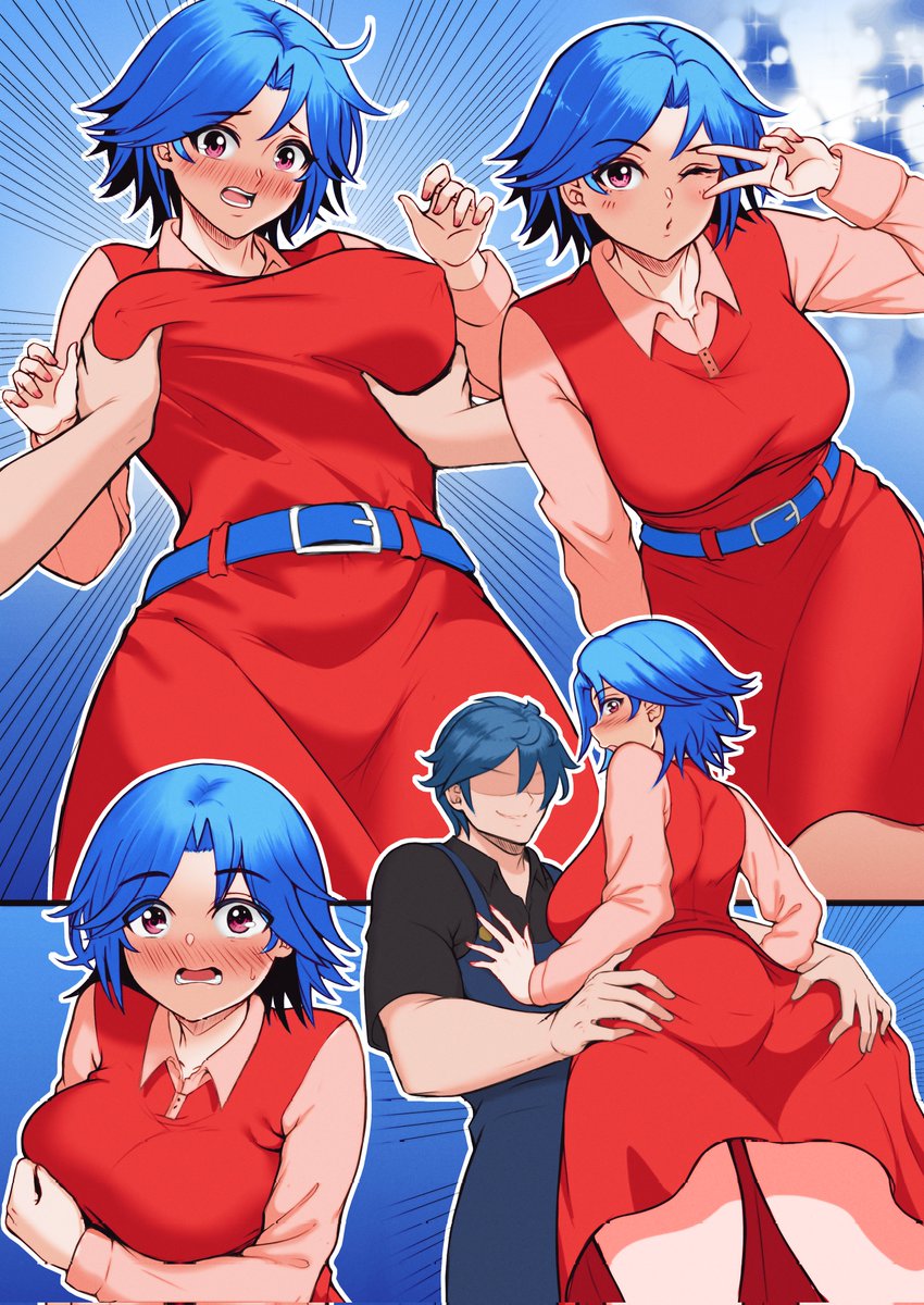 ass grab, blue hair, breast grab, emily (stardew valley), farmer (stardew valley), female, male, mushymushy desu, satansoft1, stardew valley