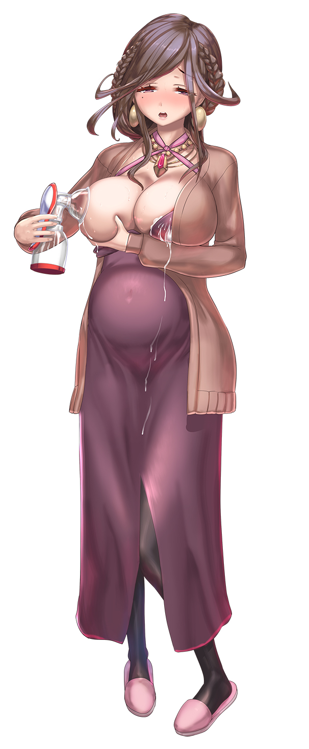 1girls, autolactation, big breasts, blush, braided hair, breast pump, brown hair, cleavage, earrings, female, female only, full body, fully clothed, homura yuni, jewelry, lactation, lactation through clothes, looking at viewer, maternity clothes, maternity dress, milf, milking, mole under eye, one breast out, pantyhose, pregnant, sasalilith, senoka (taimanin), slippers, solo, standing, sweater, taimanin (series), taimanin rpgx