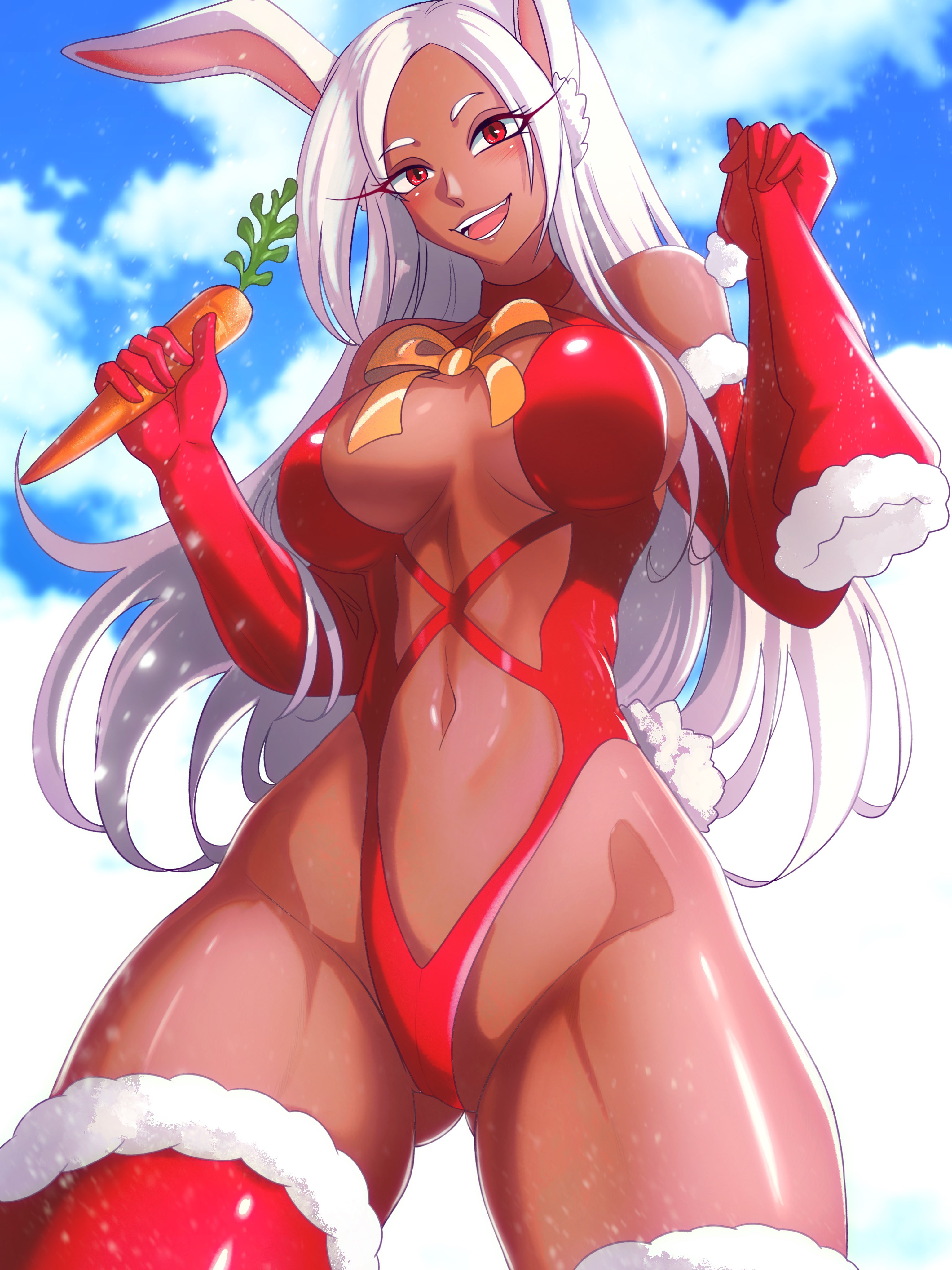 :d, absurdres, animal ears, ass visible through thighs, bare shoulders, blush, boku no hero academia, bow, breasts, breasts apart, carrot, christmas, clothing cutout, cloud, cloudy sky, collar, dark skin, dark-skinned female, female, fur trim, fur-trimmed gloves, fur-trimmed headwear, fur-trimmed thighhighs, gloves, hat, highleg, highleg leotard, highres, holding, holding carrot, holding unworn clothes, holding unworn hat, large breasts, leotard, long eyelashes, long hair, looking at viewer, mirko, miruko, my hero academia, navel, navel cutout, opalis, opalisart, orange bow, parted bangs, rabbit ears, rabbit girl, rabbit tail, red collar, red eyes, red gloves, red leotard, rumi usagiyama, santa hat, sideboob, sky, smile, solo, tail, teeth, thick thighs, thighhighs, thighs, toned, unworn hat, unworn headwear, usagiyama rumi, very long hair, white hair
