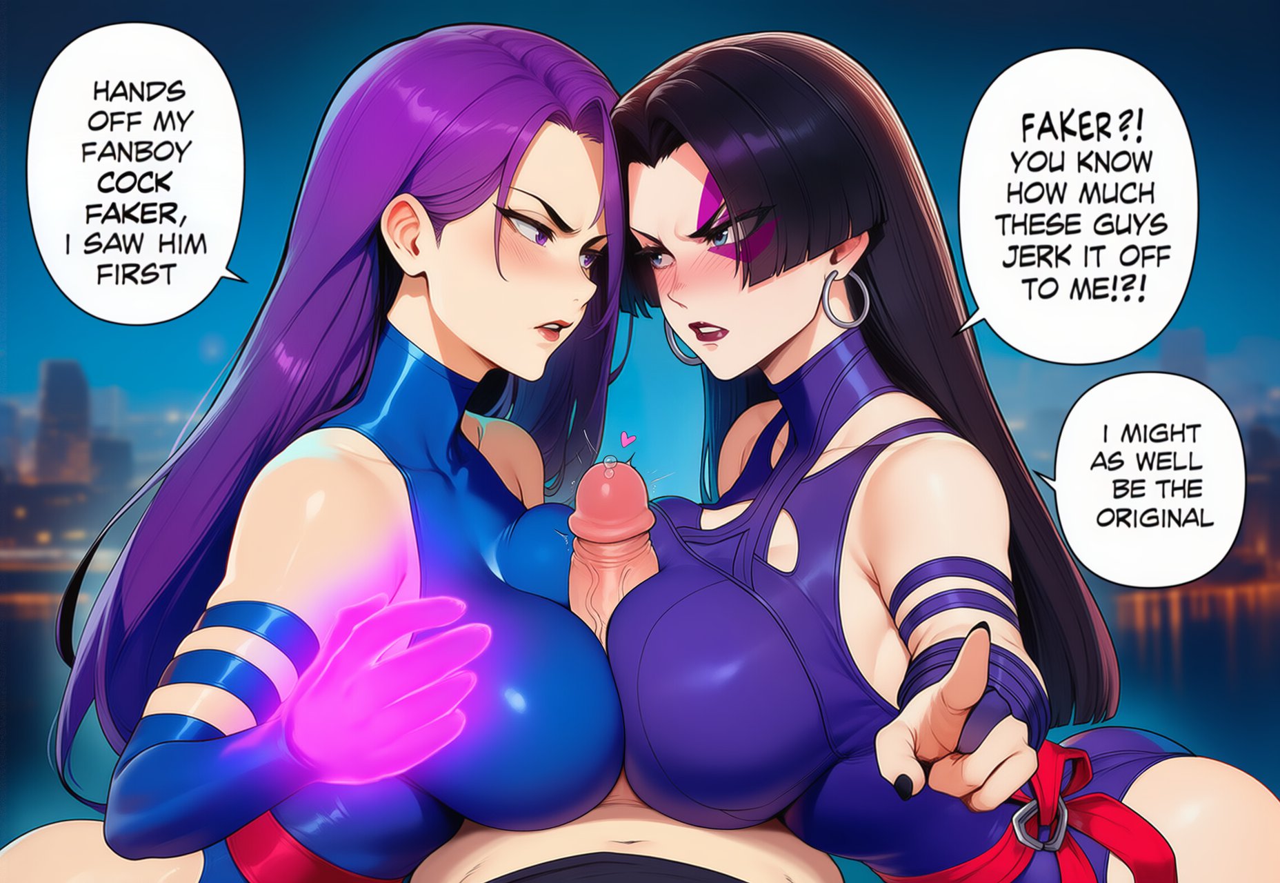 1boy, 2girls, ai generated, betsy braddock, black hair, breast press, collaborative paizuri, collaborative titfuck, dialogue, english text, female, large breasts, leotard, male, marvel, marvel comics, marvel rivals, paizuri, partial male, penis, pointing at viewer, pov, psylocke, psylocke (sai), psylocke (sai) (vengeance), purple hair, speech bubble, threesome, titjob, tittyg-ai, x-men