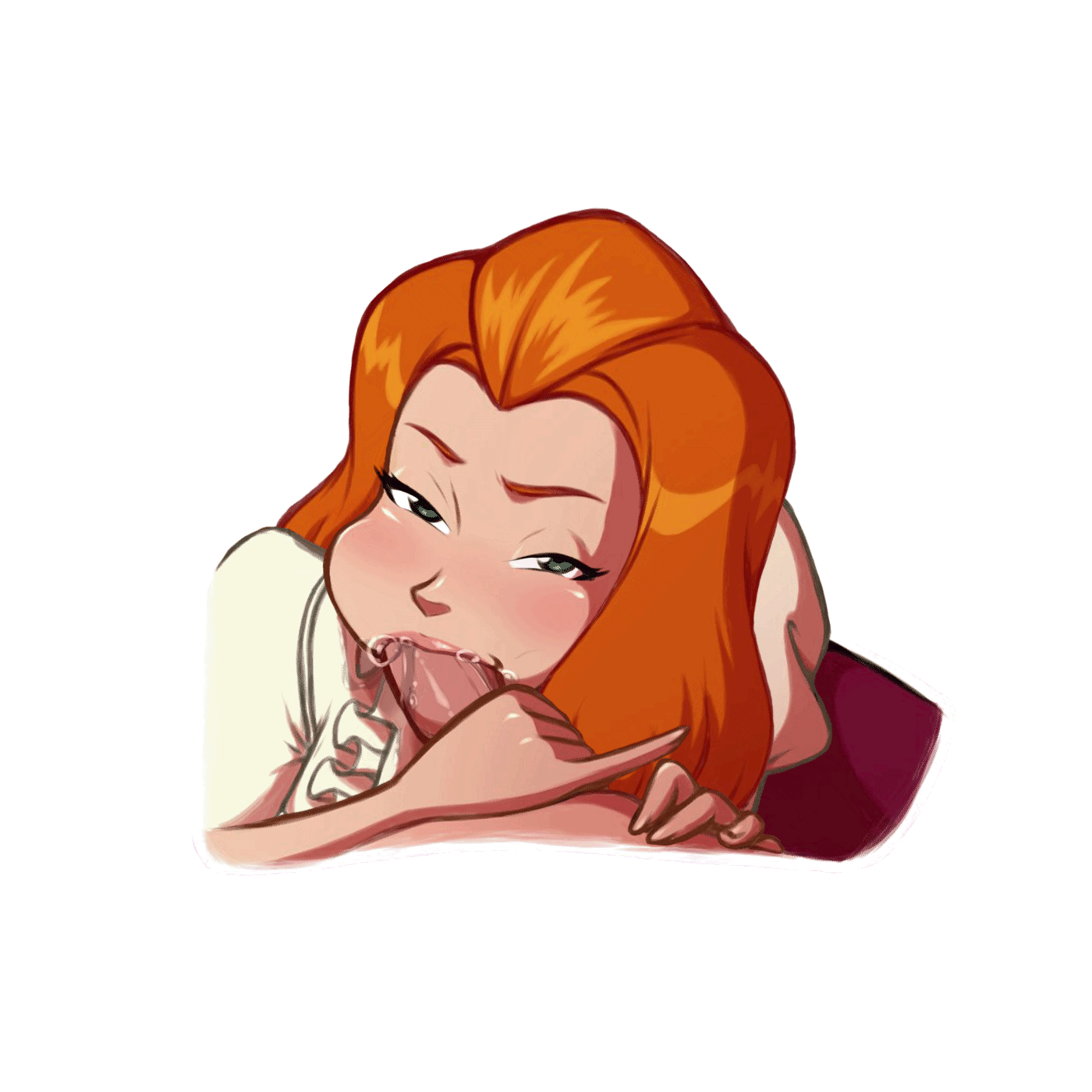 1boy, 1girls, animated, cheek bulge, eye contact, fellatio, forkedtail, green eyes, horizontal blowjob, oral, orange hair, orange-haired female, playing penis like flute, playing skinflute, sam (totally spies), sideways blowjob, sideways oral, simple background, toothbrushing, totally spies, transparent background