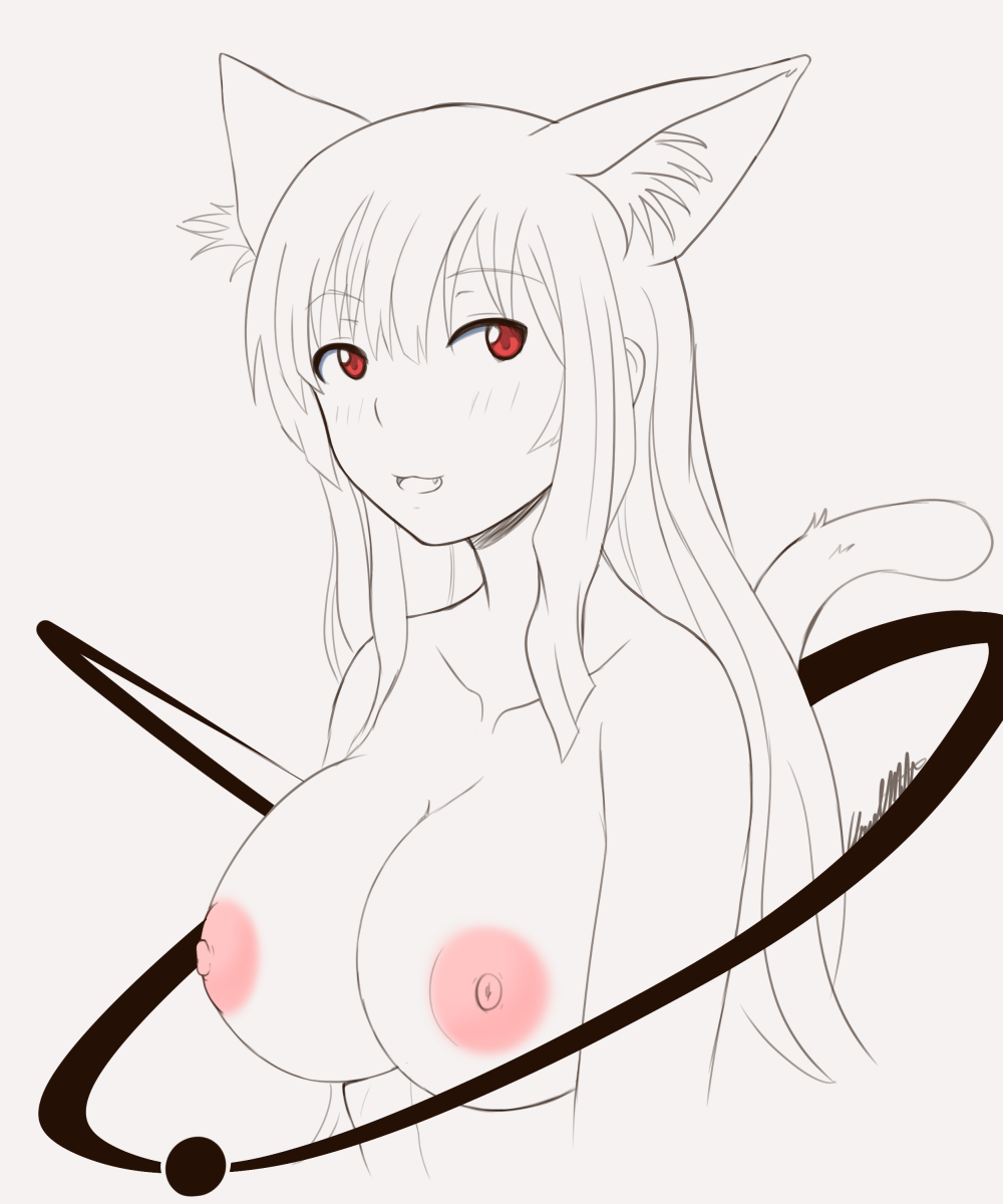 animal_ears breasts cat_ears cat_planet_cuties cute_fang eris_(cat_planet_cuties) female large_breasts long_hair monochrome nude open_mouth red_eyes solo tail urielmatt