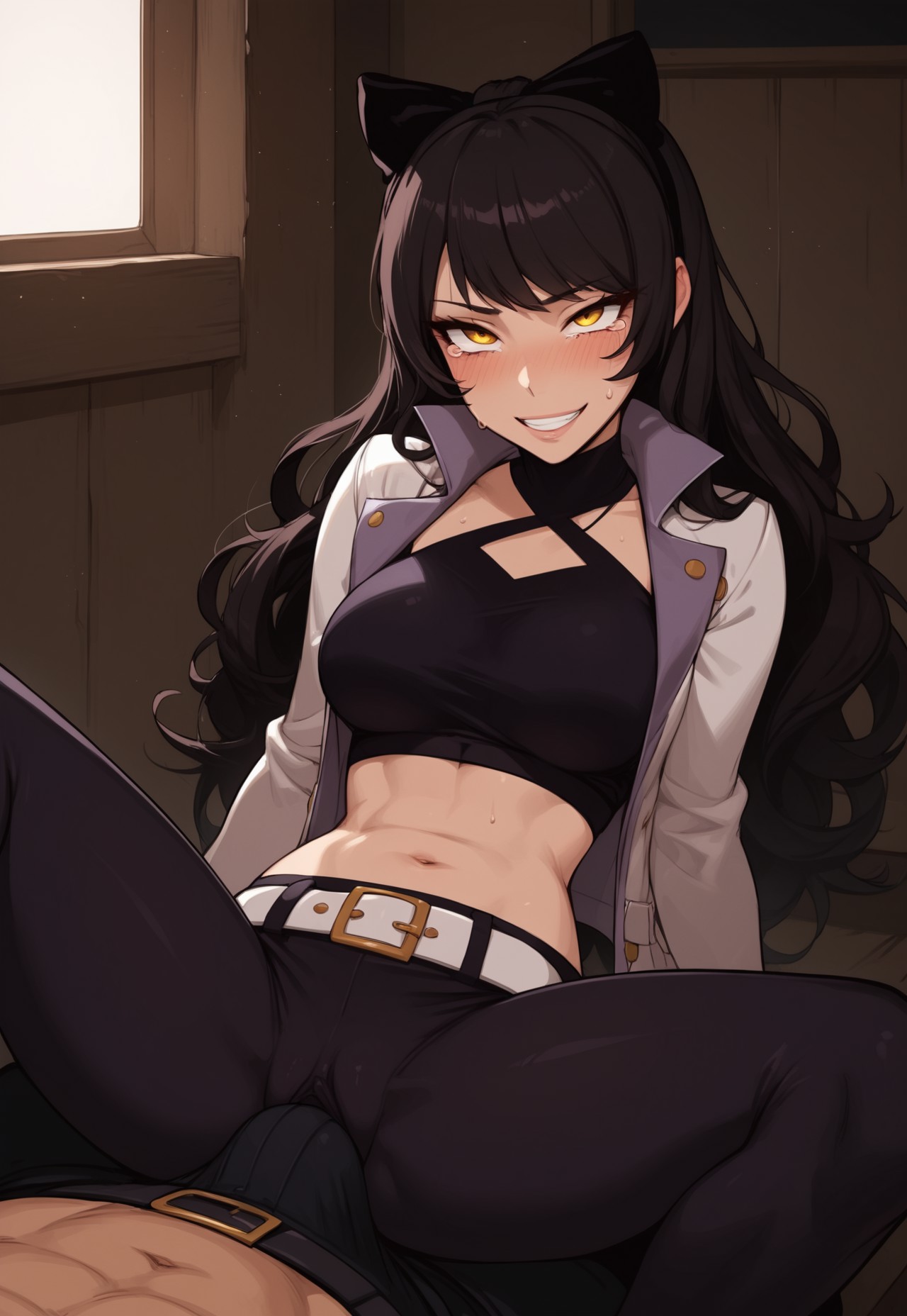 1girls, abs, ai generated, ass, belt, big ass, big breasts, big butt, big hips, black hair, blake belladonna, breasts, cat ears, cat girl, cat tail, cleavage, clothes, clothing, crop top, eyebrows, eyelashes, female, grin, grinning, grinning at viewer, hair, hands-free, indoors, jacket, lips, long hair, looking at viewer, makeup, male, midriff, narrow waist, narrowed eyes, navel, nose, pants, penis, pussy, pussy juice, rwby, seducing, seductive, seductive eyes, seductive gaze, seductive look, seductive mouth, seductive pose, seductive smile, smile, smile at viewer, smiley face, smooth skin, solo, solo focus, vagina, velonix, yellow eyes