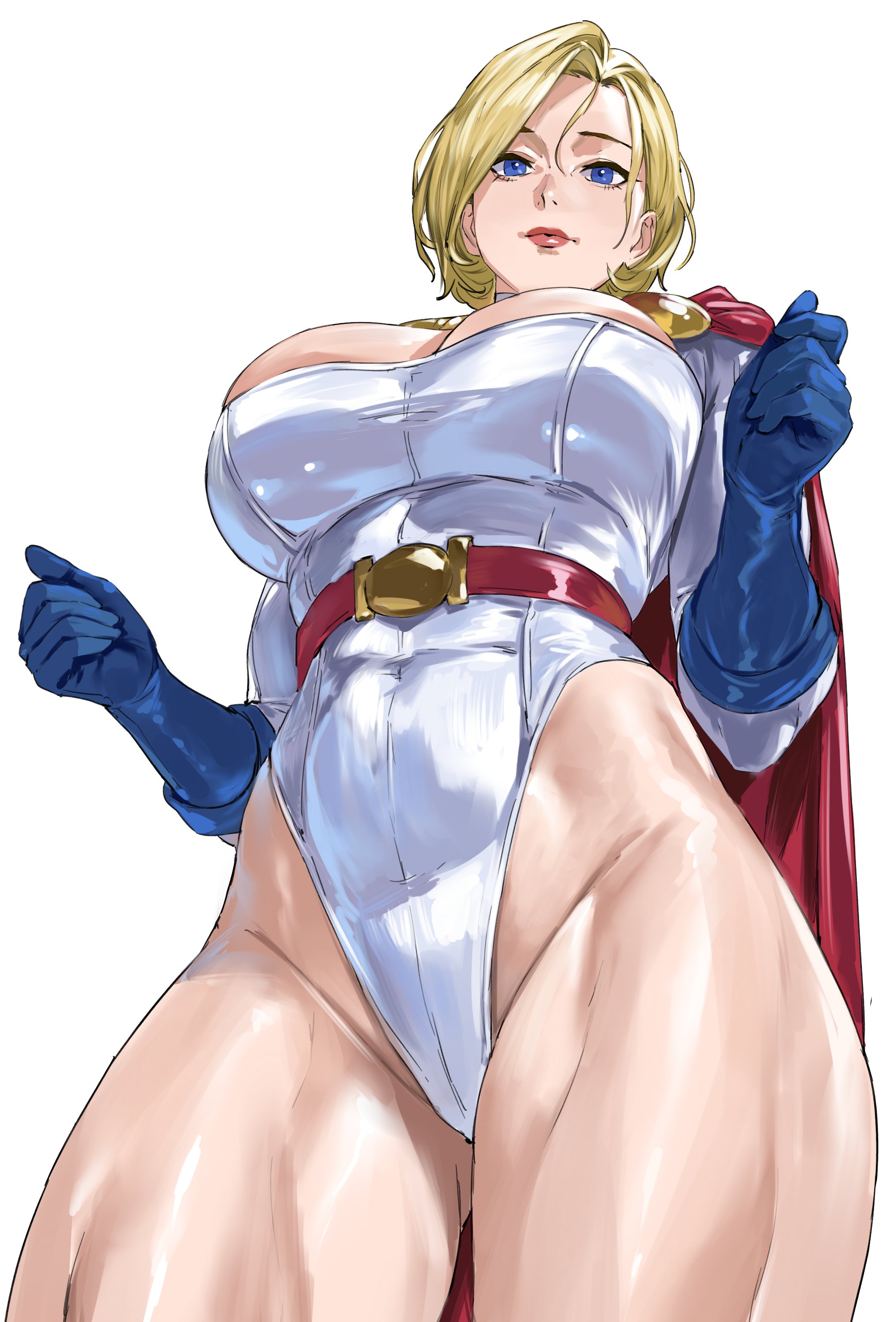1girls, 2025, 2d, 2d (artwork), absurdres, alien, alien girl, barely contained, barely contained breasts, barely fits, belt, big breasts, blonde female, blonde hair, blue eyes, blue gloves, boob window, breasts, busty, cape, cleavage, cleavage cutout, clothed, clothing cutout, curves, curvy, dc, dc comics, female, female kryptonian, female only, gloves, highres, huge boobs, huge breasts, imminent wardrobe malfunction, karen starr, kryptonian, large breasts, leotard, light skin, light-skinned female, lipstick, long sleeves, looking at viewer, mostly clothed, power girl, questionable, red belt, red cape, short hair, simple background, solo, solo female, superhero costume, superheroine, superheroine costume, superman (series), supersuit, taiyang yu, thighs, tight clothing, tight fit, tight supersuit, white background, white leotard