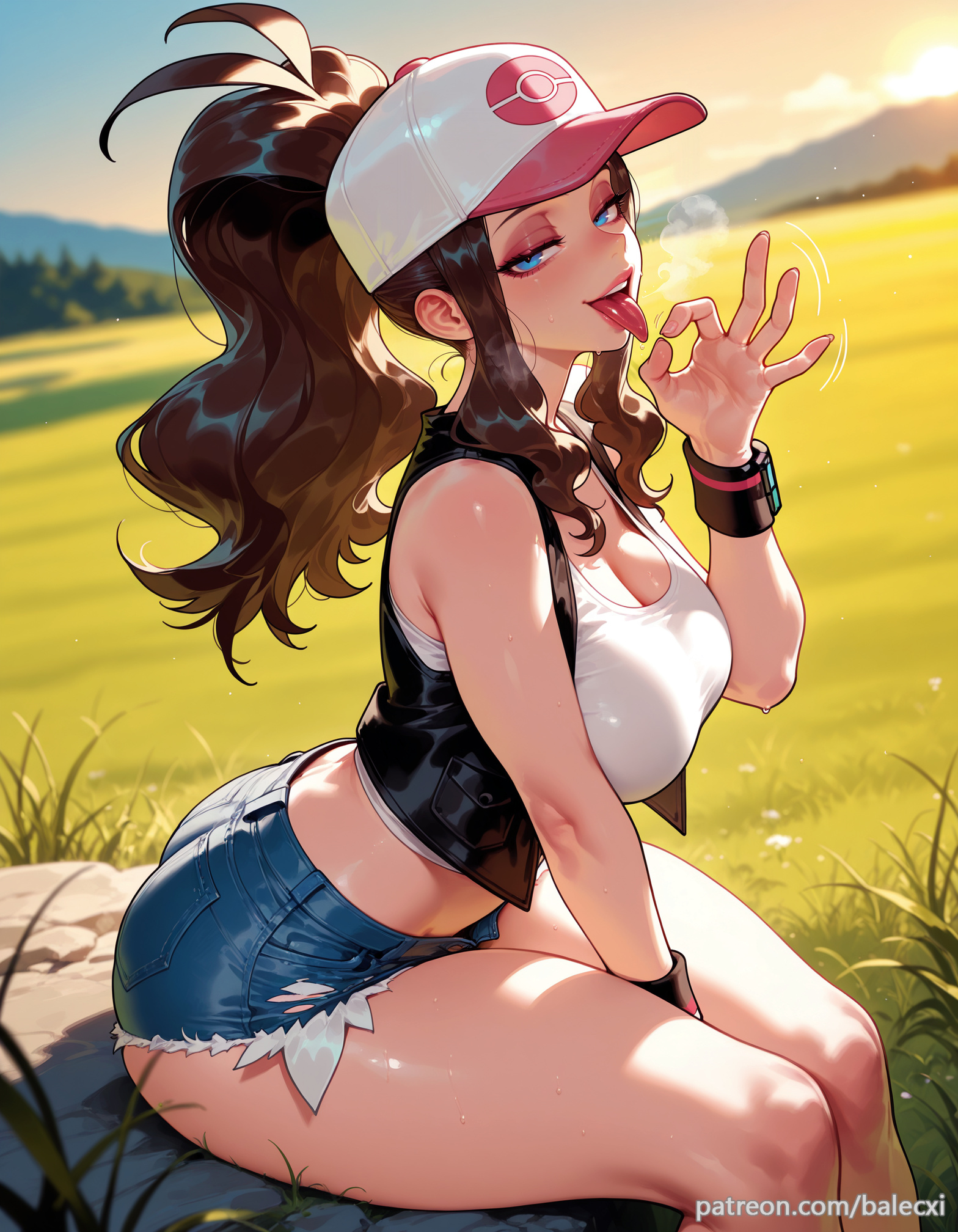 ai generated, balecxi, bare shoulders, baseball cap, black vest, blue eyes, brown hair, cleavage, cutoffs, denim, denim shorts, fellatio gesture, female, hat, high ponytail, hilda (pokemon), large breasts, long hair, looking at viewer, naughty face, outdoors, patreon username, pokemon, short shorts, sidelocks, sitting, sitting on rock, sleeveless, sleeveless shirt, smile, solo, tank top, thighs, tongue, tongue out, white shirt, wristband