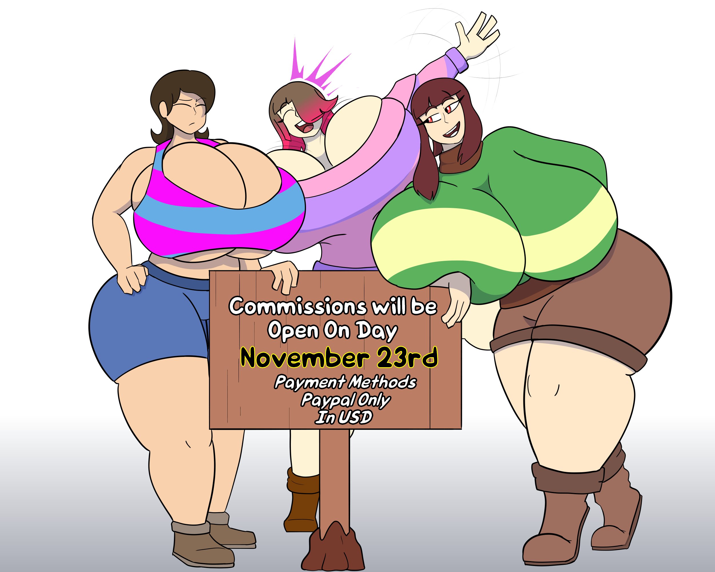 3girls, bete noire, betty noire, big ass, big breasts, big butt, big thighs, breasts bigger than head, brown hair, chara, female chara, female frisk, frisk, glitchtale, kyle5021, pink hair, promotional art, red eyes, short hair, sign, stupidly large titties, text, undertale, undertale (series), undertale au