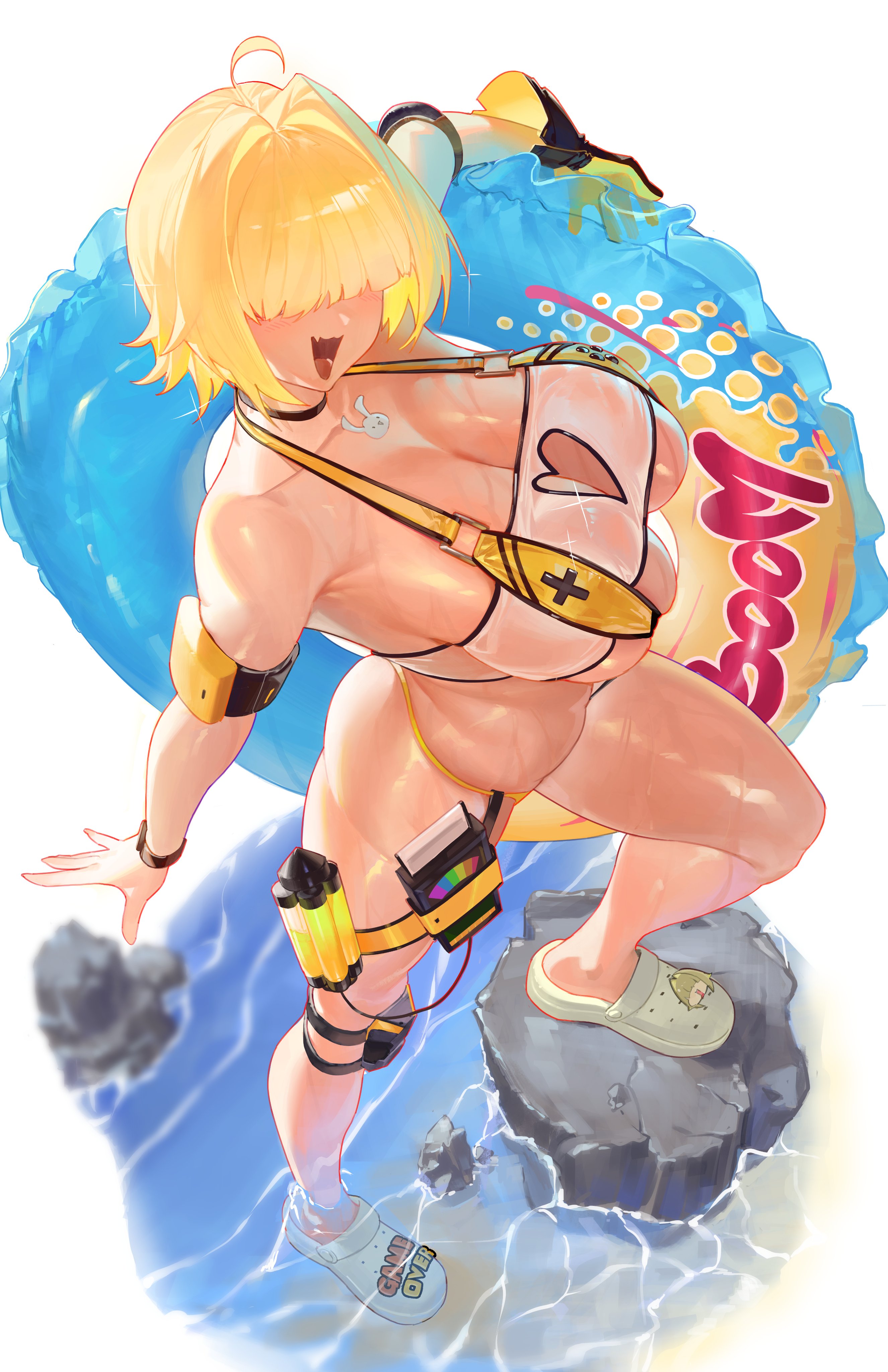 1girls, absurdres, ahoge, blonde hair, blush, breasts, choker, cleavage, clothing cutout, crocs, elegg (boom and shock) (nikke), elegg (nikke), facing up, female, female only, from above, game controller nipples (meme), game controller print, goddess of victory: nikke, hair intakes, hair over eyes, heart cutout, highres, holding, holding swim ring, huge breasts, innertube, jaws (okdol0928), meme, ocean, official alternate costume, one-piece swimsuit, open mouth, rabbit choker, rabbit ornament, see-through clothes, see-through one-piece swimsuit, see-through slingshot swimsuit, short hair, skindentation, slingshot swimsuit, smile, solo, swim ring, swimsuit, two-sided gloves, water, wet, yellow slingshot swimsuit