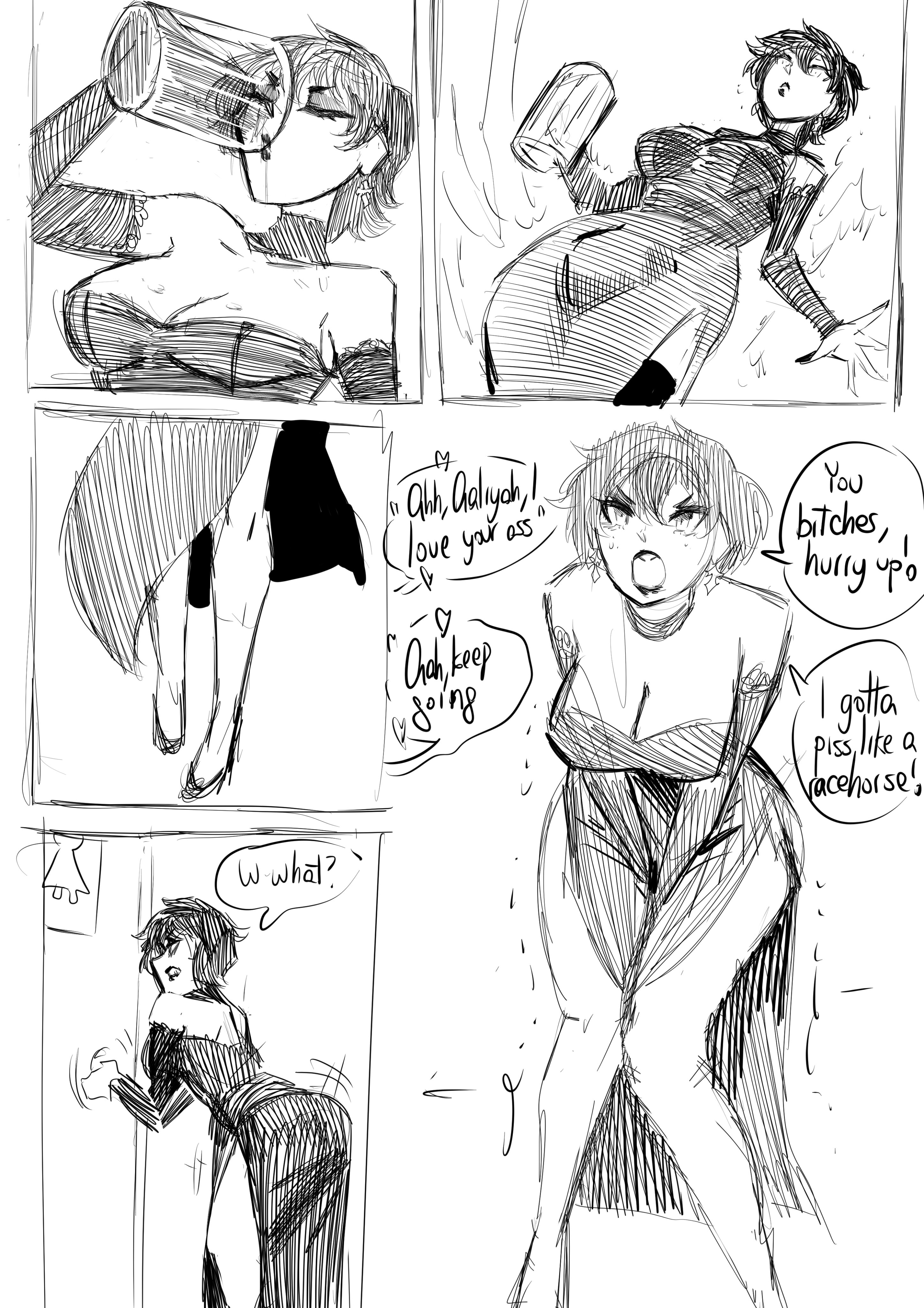 1girls, 5koma, alternate costume, ass, bathroom denial, between legs, biku, bladder bulge, breasts, cleavage, comic, deborah (biku), dress, earrings, elbow gloves, english text, female, greyscale, hand between legs, hand between own legs, have to pee, heels, large breasts, nails, need to pee, official alternate costume, offscreen character, offscreen sex, open mouth, original, pee denial, sex in bathroom, short hair, speech bubble, text, text bubble, thick thighs, thighs