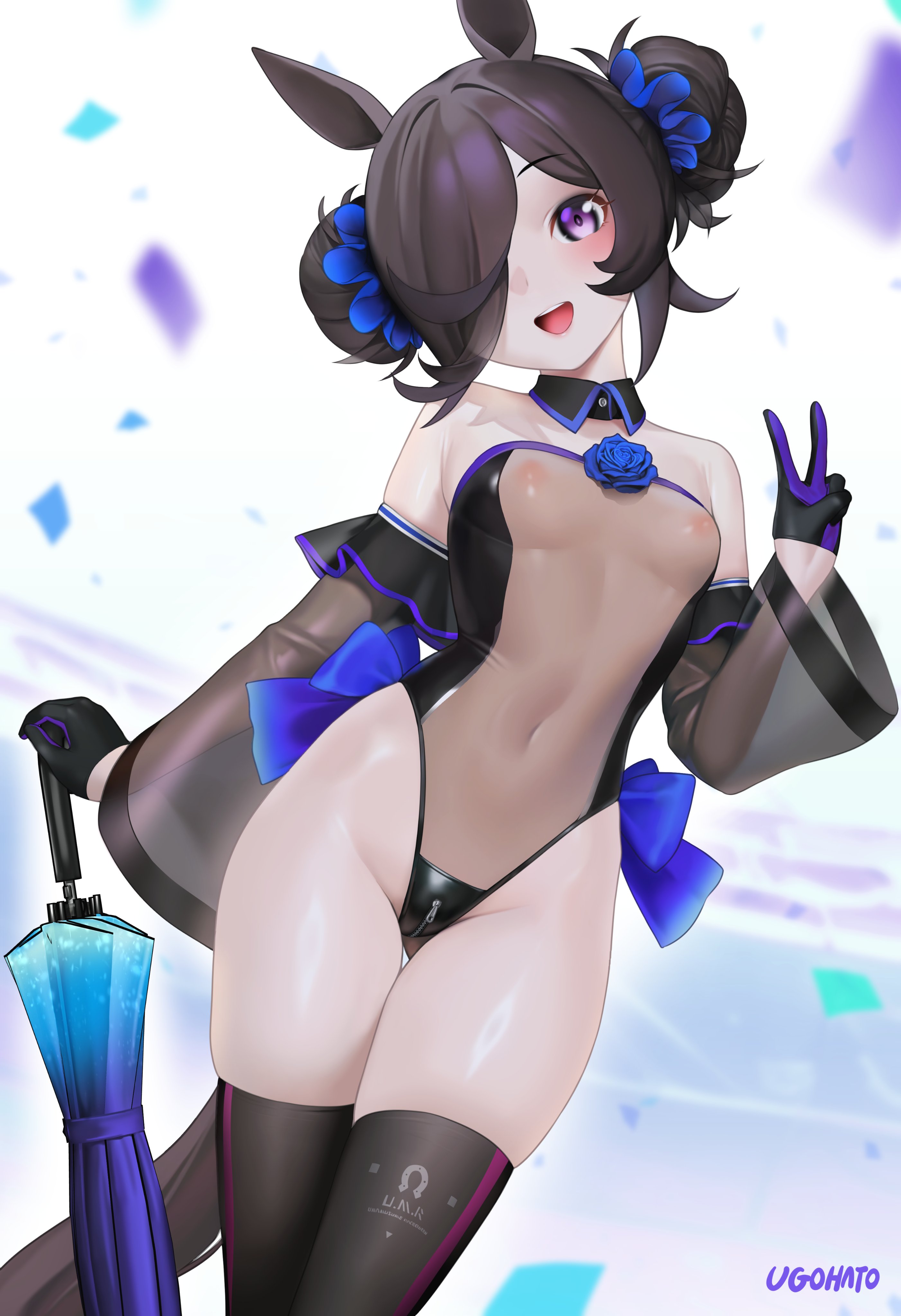 1girls, bodysuit, female, horse ears, nipples, nipples visible through clothing, petite, rice shower (umamusume), tagme, transparent clothing, ugohato, umamusume