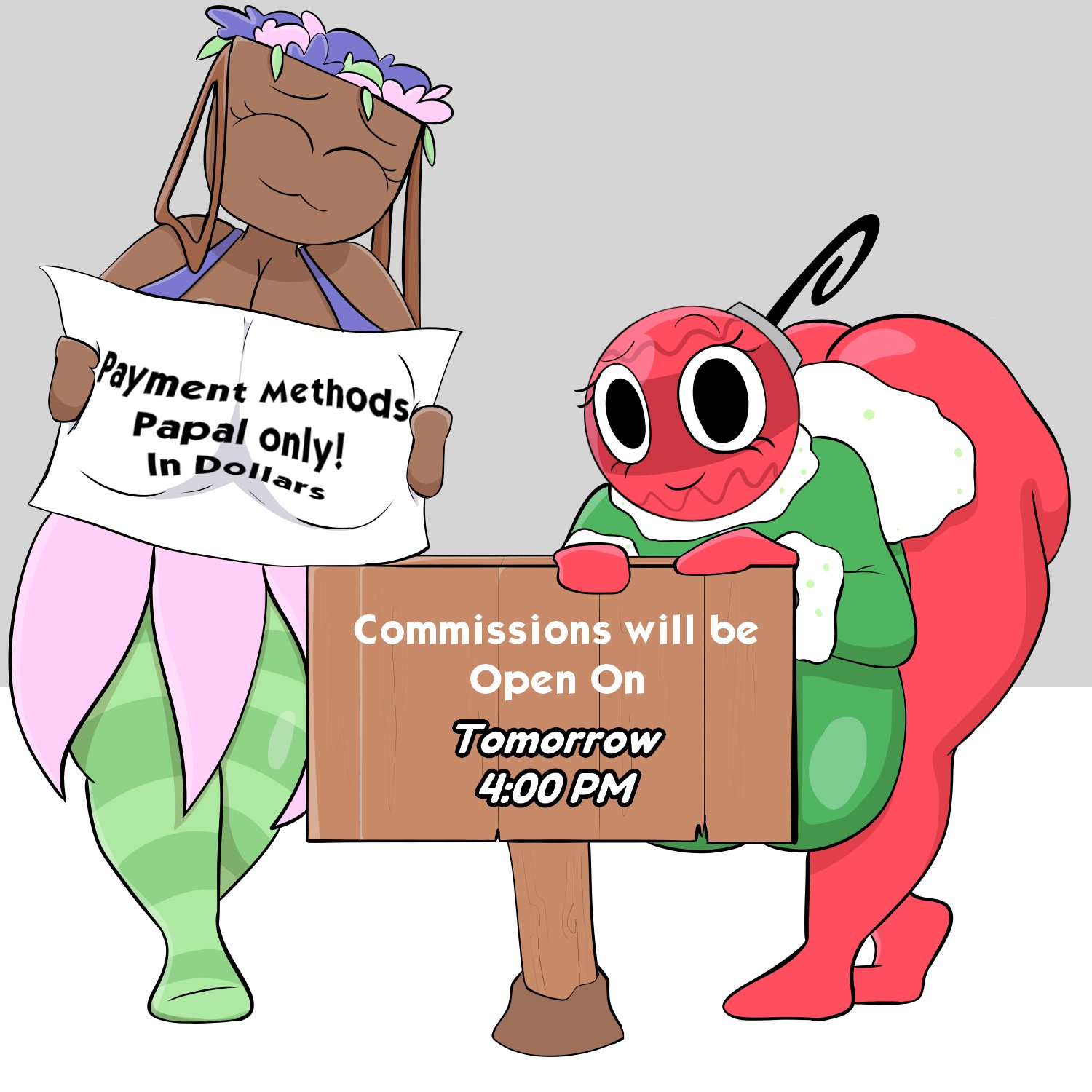 2girls, anthro, bassie (dandy's world), big ass, big breasts, big butt, big thighs, black eyes, bobette (dandy's world), brown body, dandy's world, dandys world, english, english text, kyle5021, promotional art, red body, roblox, roblox game, sign