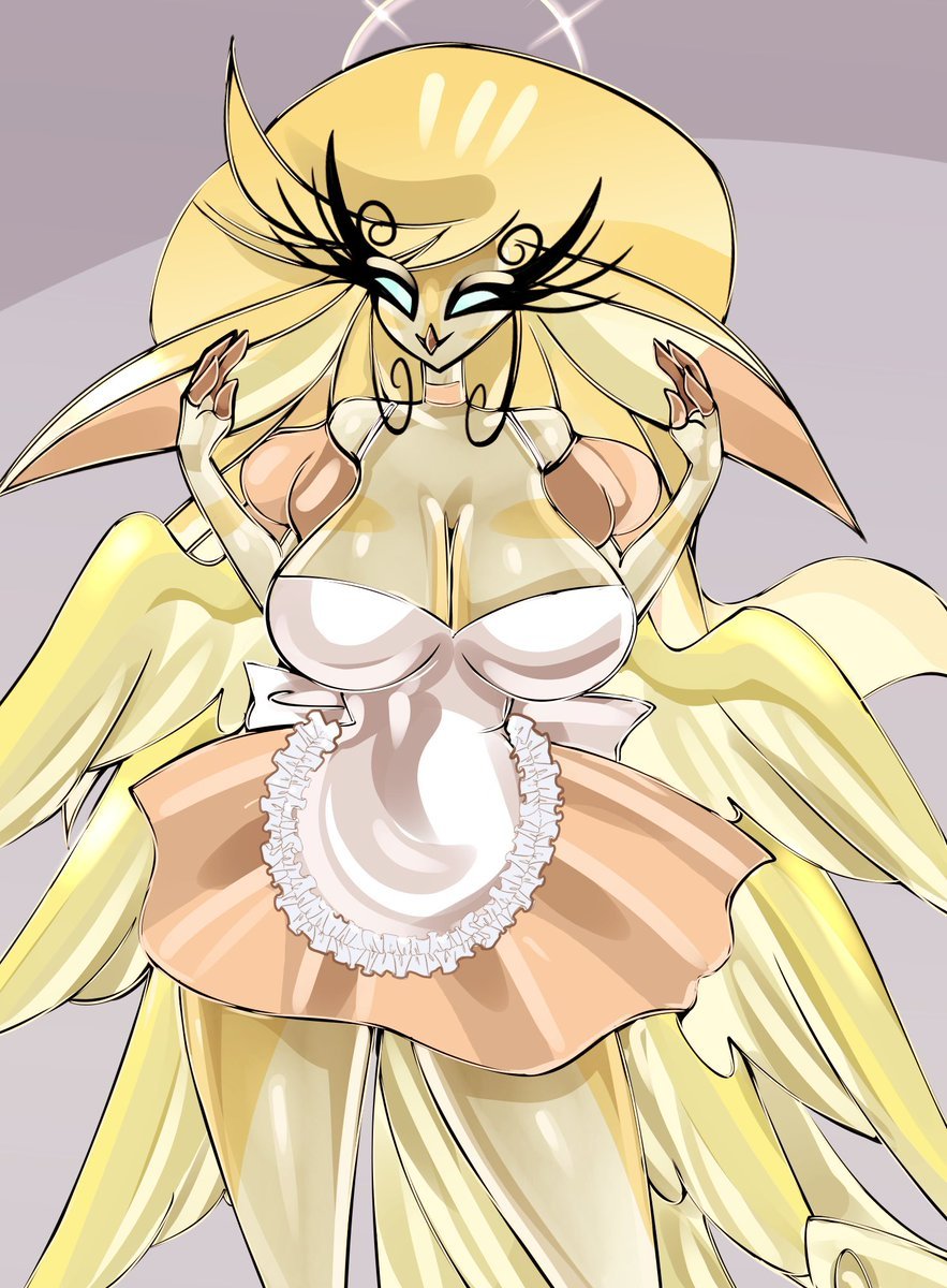 4 fingers, amazon prime, angel, angel wings, beak, big breasts, bird girl, bird like, bitterbunz, blue eyes, breasts, cartoon, clothing, feathered wings, feathers, female, female focus, female only, giant female, golden hair, hazbin hotel, hazbin hotel (season 2), huge breasts, long ears, long eyelashes, long hair, maid, maid uniform, mature, mature female, speaker of god (hazbin hotel), tagme, wings