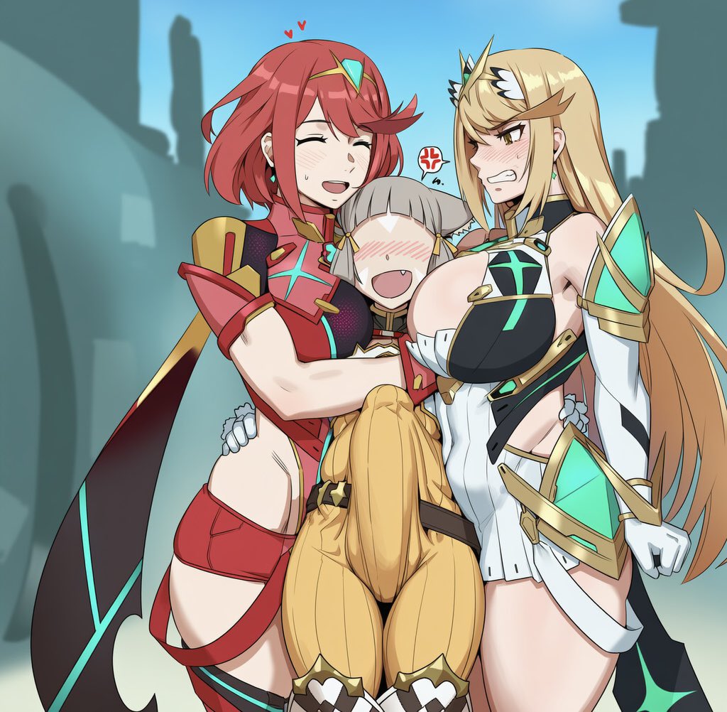 1futa, 2girls, ai generated, big ass, big breasts, big penis, big thighs, blonde female, blonde hair, blush, boner, boner in pants, bulge, bulge through clothing, cleavage, clothed, clothed female, clothed sex, embarrassed, erect penis, erection, erection under clothes, futa on female, futa with female, futanari, grey hair, huge cock, imminent sex, mythra, nia, oni lapper, outdoors, public, pyra, red hair, size difference, smaller futa, smile, smiling, taller female, thick thighs, voluptuous, voluptuous female, xenoblade (series), xenoblade chronicles 2