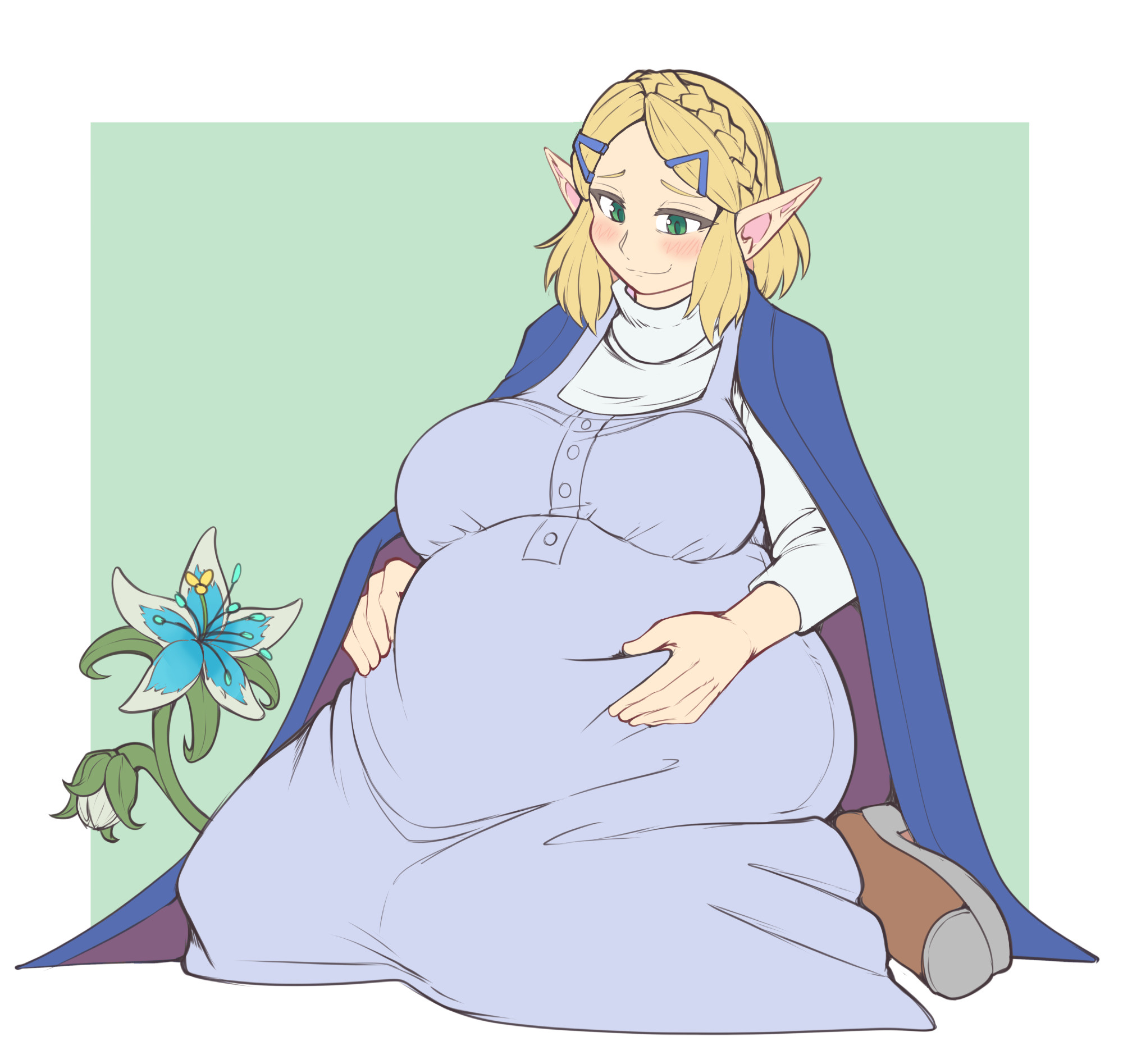 big breasts, blonde hair, blush, crown braid, elf, elf ears, female, female only, full body, fully clothed, green eyes, hairclip, huge belly, huge breasts, kittenboogers, maternity clothes, maternity dress, nintendo, pointy ears, pregnant, princess zelda, ready to pop, short hair, sitting, smile, solo, tears of the kingdom, the legend of zelda, turtleneck, turtleneck sweater, wholesome, zelda (tears of the kingdom)