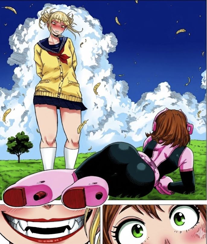 2girls, asian, asian female, ass, big ass, blonde hair, blonde-haired female, blush, boku no hero academia, boku no hero academia (finale), brown hair, brown-haired female, clothed, clothed female, daimus raw, daimusraw, dat ass, duo, fully clothed, green eyes, himiko toga, light skin, light-skinned female, lipstick, meme, my hero academia, my hero academia (finale), open mouth, open smile, outdoors, outside, rogue dat ass (meme), school uniform, smile, smiling, socks, superheroine, supervillain, teeth, toga himiko, uraraka ochaco, uraraka ochako, yuri