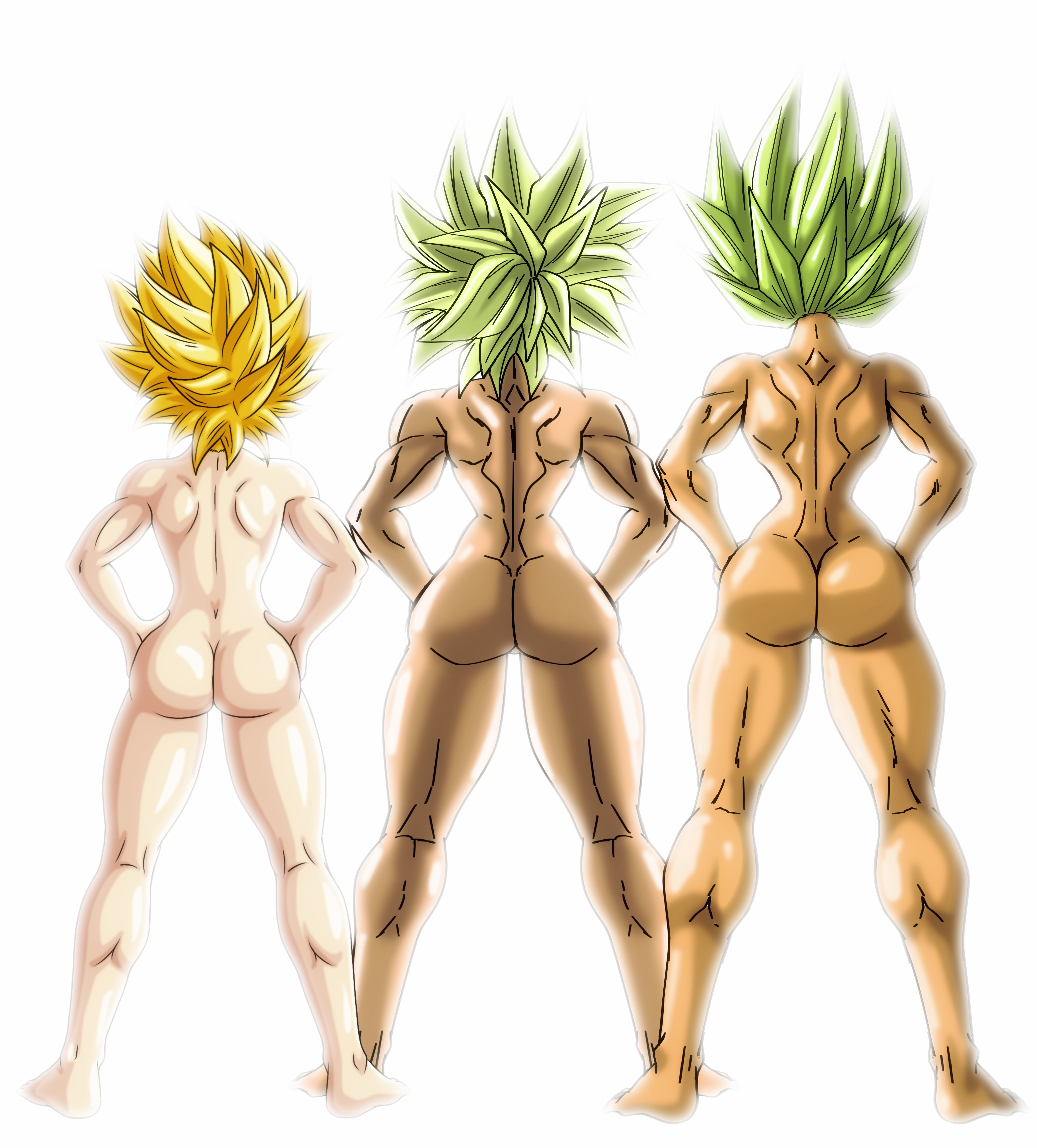 ass, ass focus, back, back view, caulifla, dragon ball, dragon ball super, female, female only, green hair, hips, kale, kale (berserker), kefla, legendary super saiyan, muscular, muscular back, muscular female, muscular thighs, naked, naked female, nude, nude female, saiyan, super saiyan, super saiyan 2, un koshin1402, yellow hair
