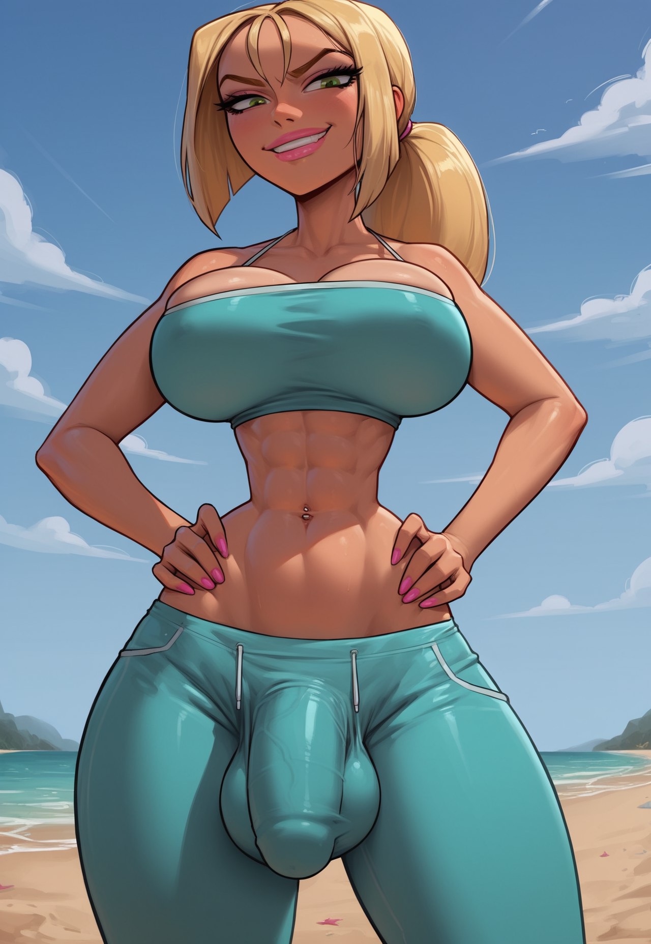 1futa, abs, ai generated, armpits, ass, balls, big ass, big breasts, big butt, big hips, big penis, blonde hair, breasts, bridgette (tdi), cleavage, denim, denim bottomwear, denim clothing, denim shorts, dick, dickgirl, disgusted, disgusted expression, dominant, dominatrix, eyebrows, eyelashes, futa only, futanari, green eyes, grin, grinning, grinning at viewer, hair, hands-free, hood, hoodie, huge cock, indoors, intersex, latex, latex gloves, latex leotard, lips, long hair, looking at viewer, makeup, narrow waist, narrowed eyes, nose, penis, ponytail, seducing, seductive, seductive eyes, seductive gaze, seductive look, seductive mouth, seductive pose, seductive smile, shorts, smile, smile at viewer, smiley face, smooth balls, smooth penis, smooth skin, solo, solo dickgirl, solo focus, solo futa, testicles, thighhighs, thighs, total drama island, velonix