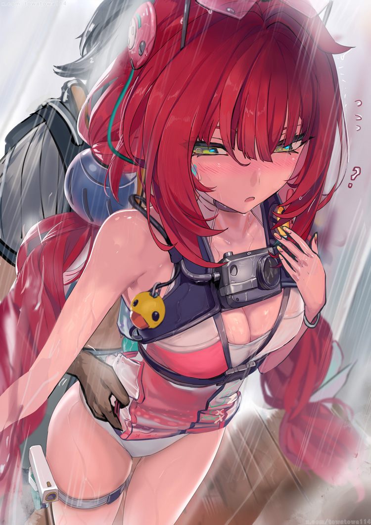 ?, 1boy, braid, breasts, cleavage, closed mouth, female, green eyes, hair ornament, long hair, medium breasts, official alternate costume, red hair, solo focus, sphere hair ornament, standing, swimsuit, towatowa114, twin braids, ukinami yuzuha, ukinami yuzuha (tanuki in broad daylight), wet, wet clothes, wet swimsuit, wise (peaceful waves) (zenless zone zero), wise (zenless zone zero), zenless zone zero