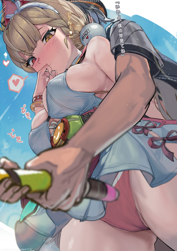 1boy, alice thymefield, alice thymefield (sea of thyme), animal ears, blue sky, breasts, bucket hat, female, hair ornament, heart, heterochromia, large breasts, long hair, looking at viewer, low twintails, official alternate costume, one-piece swimsuit, rabbit ears, rabbit girl, red eyes, sky, sphere hair ornament, spoken heart, swimsuit, towatowa114, twintails, white one-piece swimsuit, wise (peaceful waves) (zenless zone zero), wise (zenless zone zero), yellow eyes, zenless zone zero