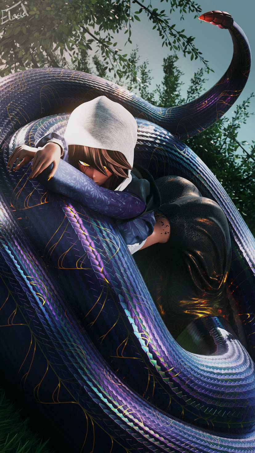 brown hair, coiled, coiled tail, coiled up, coiling, coils, elasid, facial markings, facial tattoo, golden eyes, golden nails, golden tattoo, grass, hands, hoodie, lamia, nails, oc, original character, purple scales, purple tail, rattle (anatomy), rattlesnake, sierra (elasid), skirt, sky, snake girl, tanned, tanned body, tanned female, tanned girl, tanned skin, tanned-skinned female, tattoo, tattoos, trees
