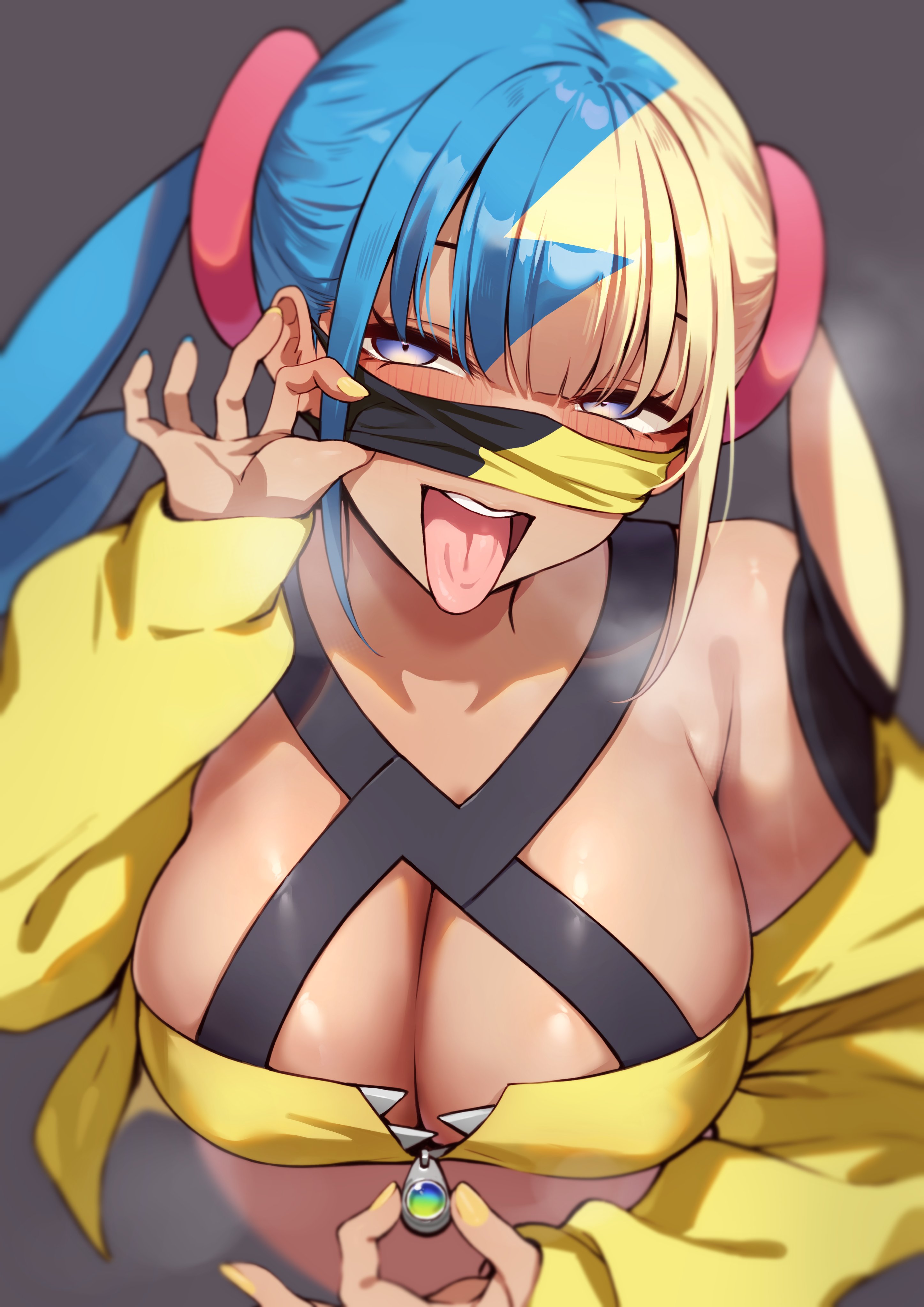 absurdres, areolae, armpit crease, bandeau, blonde hair, blue eyes, blue hair, blue nails, blush, breasts, breath, canari (pokemon), canary (pokemon), center-flap bangs, cleavage, close up, close up face, close up view, close-up, closeup, closeup view, criss-cross halter, cropped jacket, dark skin, dark-skinned female, english commentary, face close up, face close-up, face closeup, face focus, female, game freak, grey background, halterneck, highres, holding, holding mask, jacket, large breasts, looking at viewer, mask, mask lift, momihige, momihige (mo3hig3), mouth close up, mouth close-up, mouth closeup, mouth mask, multicolored hair, nail polish, naughty face, nintendo, nipples, open mouth, open mouth tongue out, open mouth tongue-out, pokemon, pokemon legends: z-a, saliva, saliva string, saliva trail, simple background, solo, split-color hair, sweat, sweatdrop, sweating, sweaty, sweaty body, tongue, tongue out, tongue out open mouth, tounge, tounge out, twintails, two tone hair, yellow background, yellow bandeau, yellow jacket, yellow nails, zipper pull tab