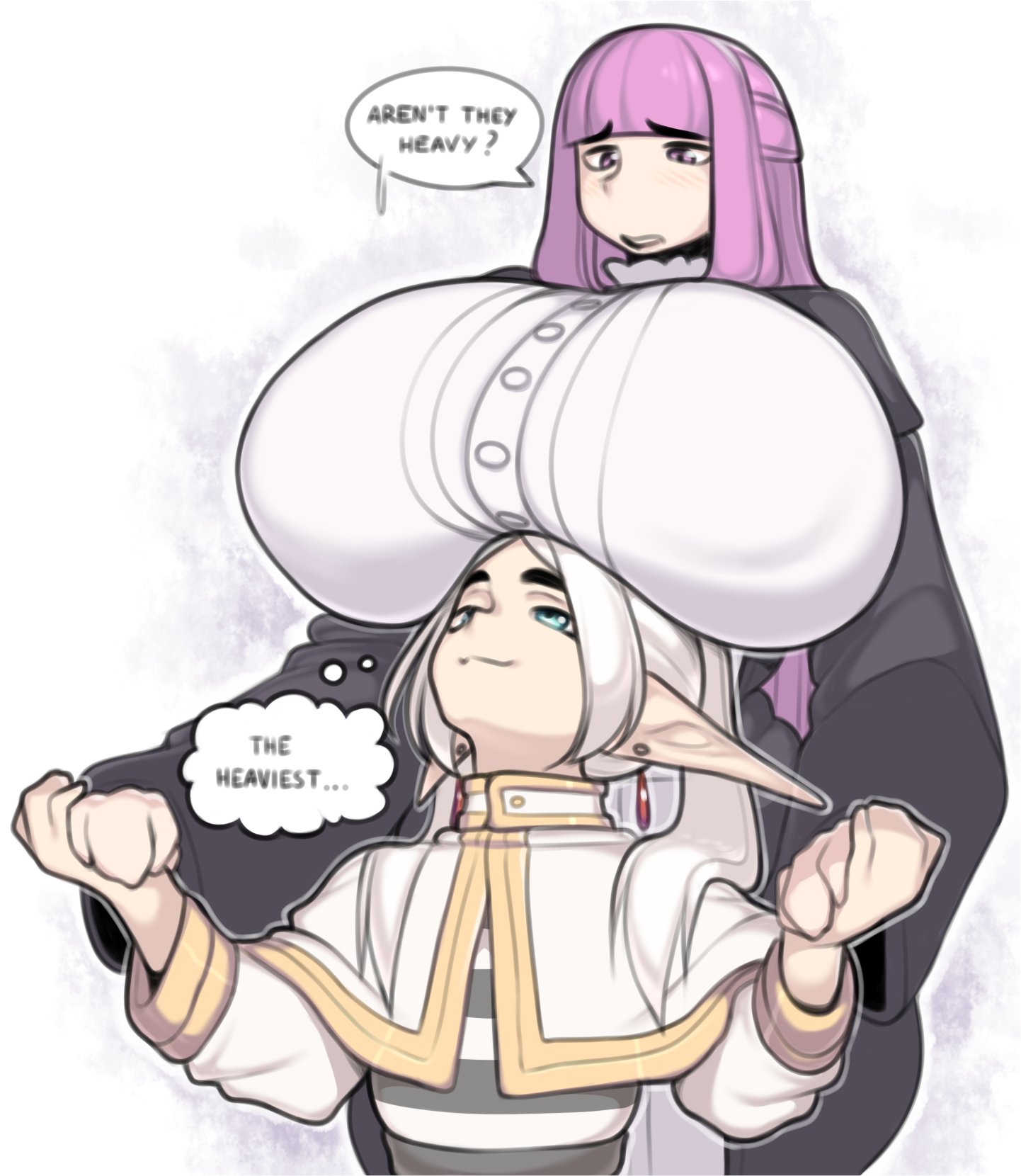 2025, 2d, 2d (artwork), 2d artwork, 2girls, ambiguous gender, bangs, big breasts, blue eyes, blunt bangs, boob hat, breasts, breasts bigger than head, breasts on head, closed eyes, clothed, clothed female, clothing, dialogue, duo, ear piercing, earrings, elf, elf ears, elf female, elf girl, english, english commentary, english dialogue, english text, female, female only, fern (sousou no frieren), frieren, frieren beyond journey's end, fully clothed, fully clothed female, gigantic breasts, hand holding, handholding, heavy breasts, holding, holding hands, horizontal ears, huge breasts, human, humanoid, large breasts, light skin, light-skinned female, long hair, looking at partner, looking down, looking up, mage, meme, nipple bulge, nipples, onaeane, pale skin, pointy ears, purple eyes, purple hair, robe, size difference, smooth skin, sousou no frieren, speech bubble, straight hair, text, think bubble, thought bubble, tied hair, twintails, upward angle frieren drawing (meme), white hair, yuri