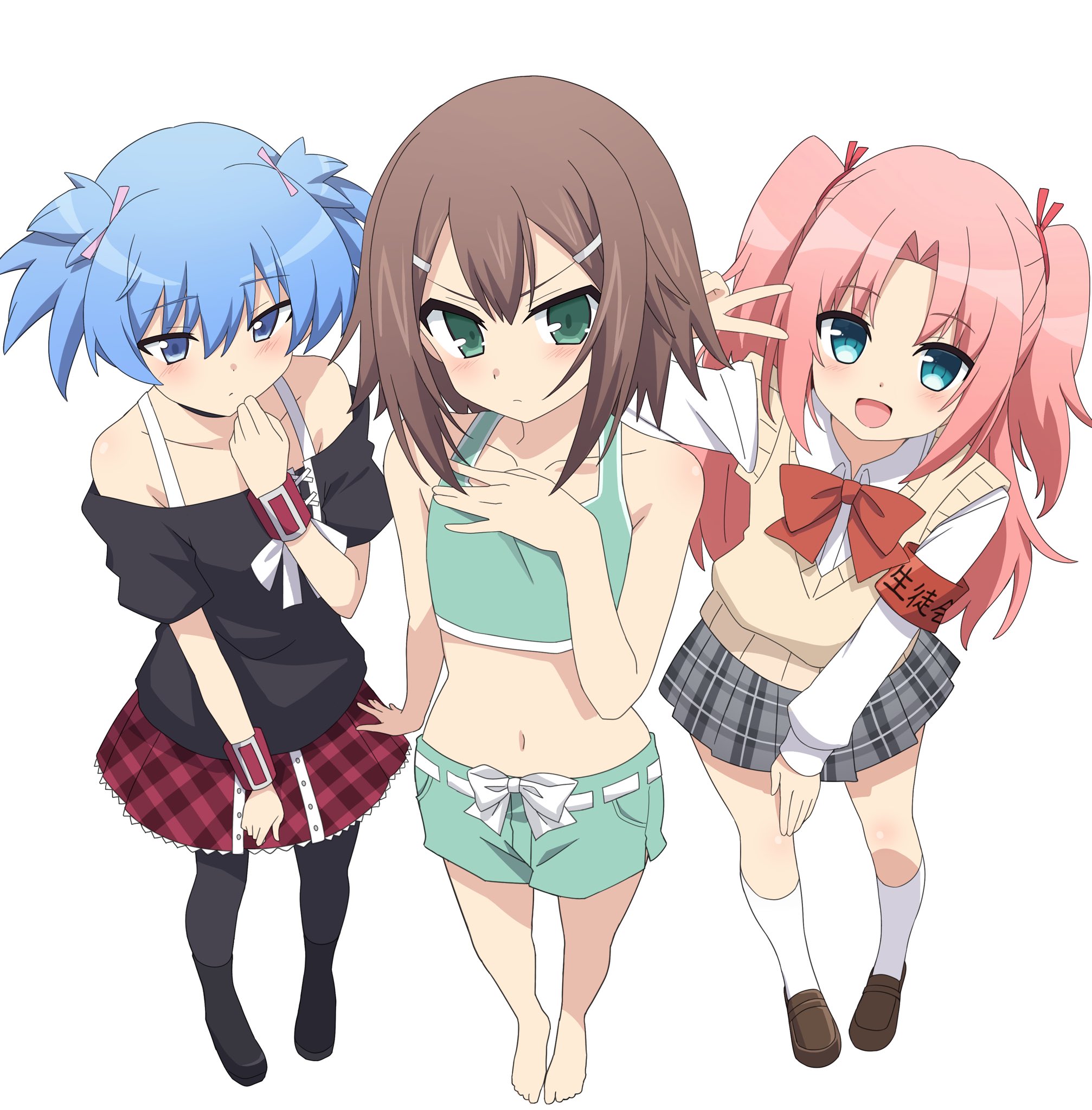 3boys, ankle boots, arikawa hime, armband, assassination classroom, baka to test to shoukanjuu, bare arms, bare shoulders, barefoot, black boots, black pantyhose, black shirt, blue eyes, blue hair, blush, boots, bow, bowtie, brown hair, brown sweater vest, closed mouth, collared shirt, commentary request, crop top, crossdressing, crossdressing (mtf), dress shirt, embarrassed, feet, full body, green eyes, green shirt, green shorts, grey skirt, hair ornament, hair ribbon, hairclip, hand on own chest, hand up, highres, himegoto, kinoshita hideyoshi, long hair, long sleeves, looking at viewer, male focus, multiple boys, navel, off shoulder, off-shoulder shirt, open mouth, pantyhose, pink hair, plaid clothes, plaid skirt, pleated skirt, red armband, red bow, red bowtie, red ribbon, red skirt, ribbon, school uniform, shiota nagisa, shirt, short hair, short sleeves, short twintails, shorts, simple background, skirt, smile, standing, sweater vest, tagme, tagme (artist), toes, trait connection, trap, twintails, v, v-shaped eyebrows, white background, white shirt, zeatto