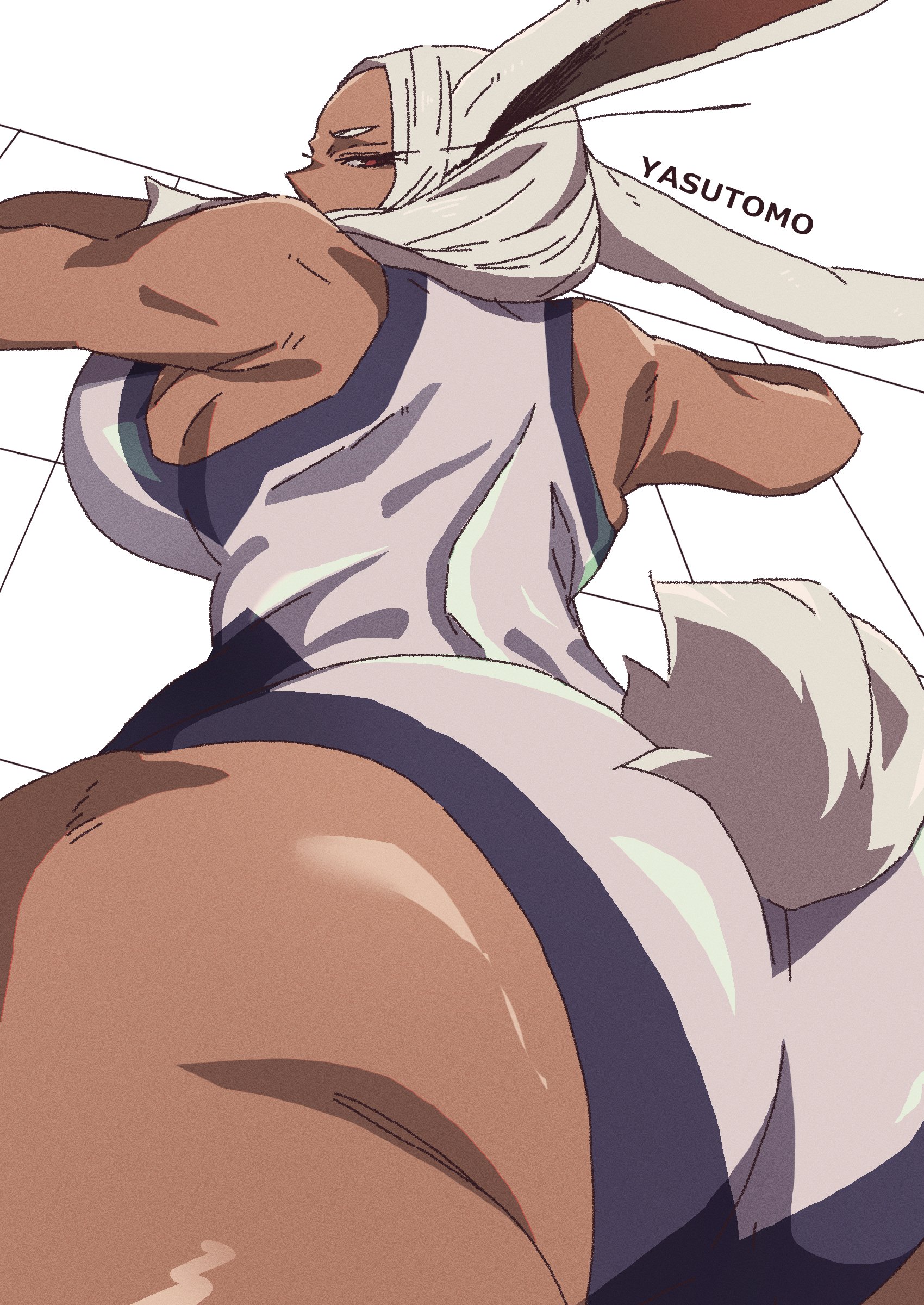 1girls, absurdres, animal ears, arm up, artist name, ass, ass focus, bare shoulders, big ass, boku no hero academia, breasts, bunny ears, bunny tail, clothing, commentary request, crescent print, dark skin, dark-skinned female, female, female only, from behind, fur collar, gloves, hand in own hair, hand on own hip, highleg, highleg leotard, highres, huge ass, large breasts, leaning forward, leotard, long eyelashes, long hair, looking at viewer, looking back, lying, mirko, miruko, muscular, muscular female, my hero academia, on stomach, open mouth, parted bangs, purple thighhighs, rabbit ears, rabbit girl, rabbit tail, red eyes, rumi usagiyama, signature, simple background, skindentation, sleeveless turtleneck leotard, smile, solo, solo female, superheroine, tail, taut leotard, teeth, thick thighs, thighhighs, thighs, toned, toned female, uneven eyes, very long hair, white background, white gloves, white hair, white leotard, yasutomo! (akuasky)
