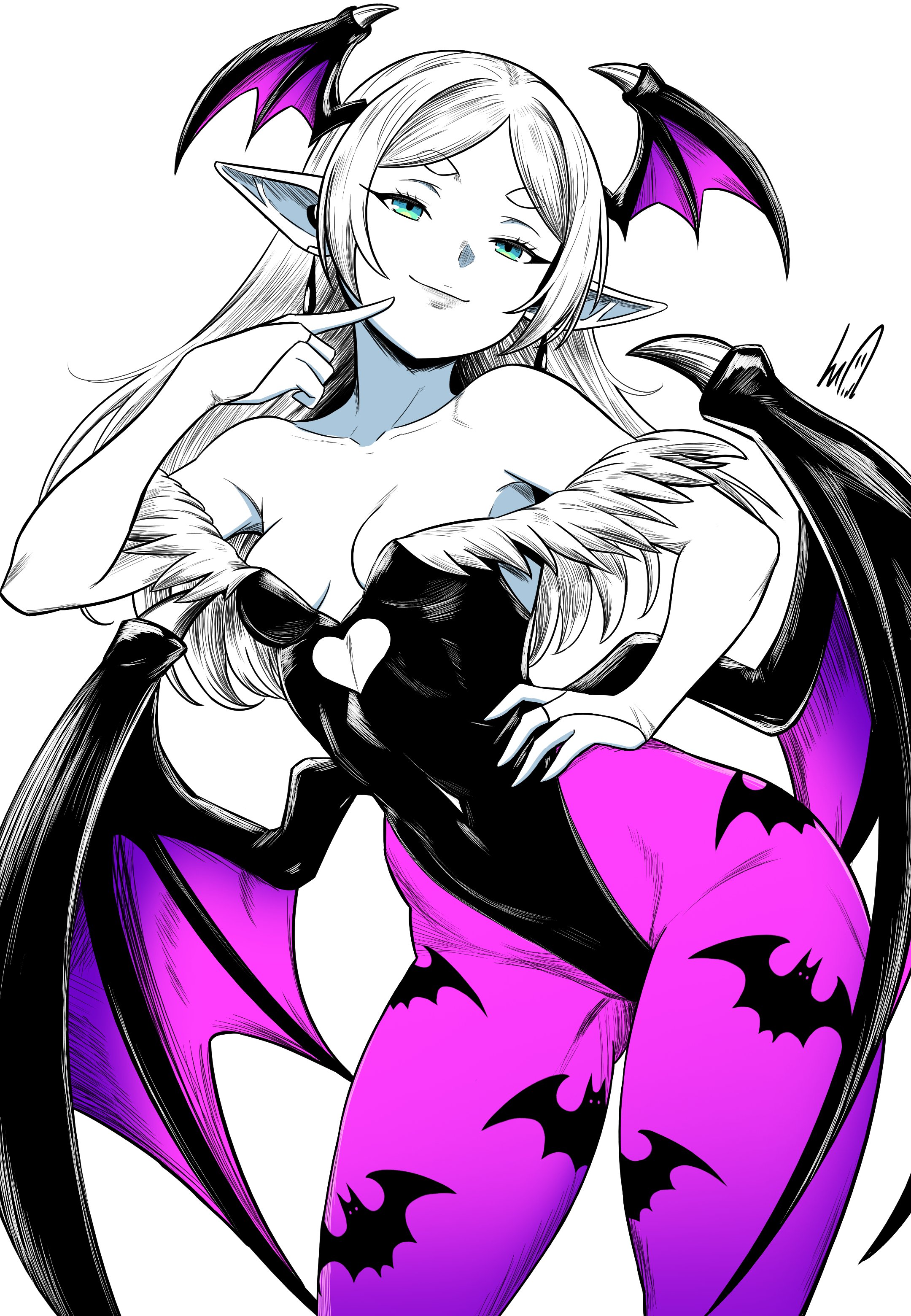 1girls, bat print, bat wings, bottom heavy, breasts, capcom, cleavage, clothed, clothing, cosplay, crossover, darkstalkers, demon, demon girl, demon wings, earrings, elf, elf ears, elf female, female, female only, flat chest, frieren, green eyes, heart cutout, hourglass figure, legwear, leotard, looking at viewer, lughost, morrigan aensland, morrigan aensland (cosplay), pantyhose, pattern clothing, pattern legwear, pointy ears, signature, small breasts, solo, solo female, sousou no frieren, standing, succubus, thick, thick thighs, thighs, tight clothing, white hair, wide hips, wings