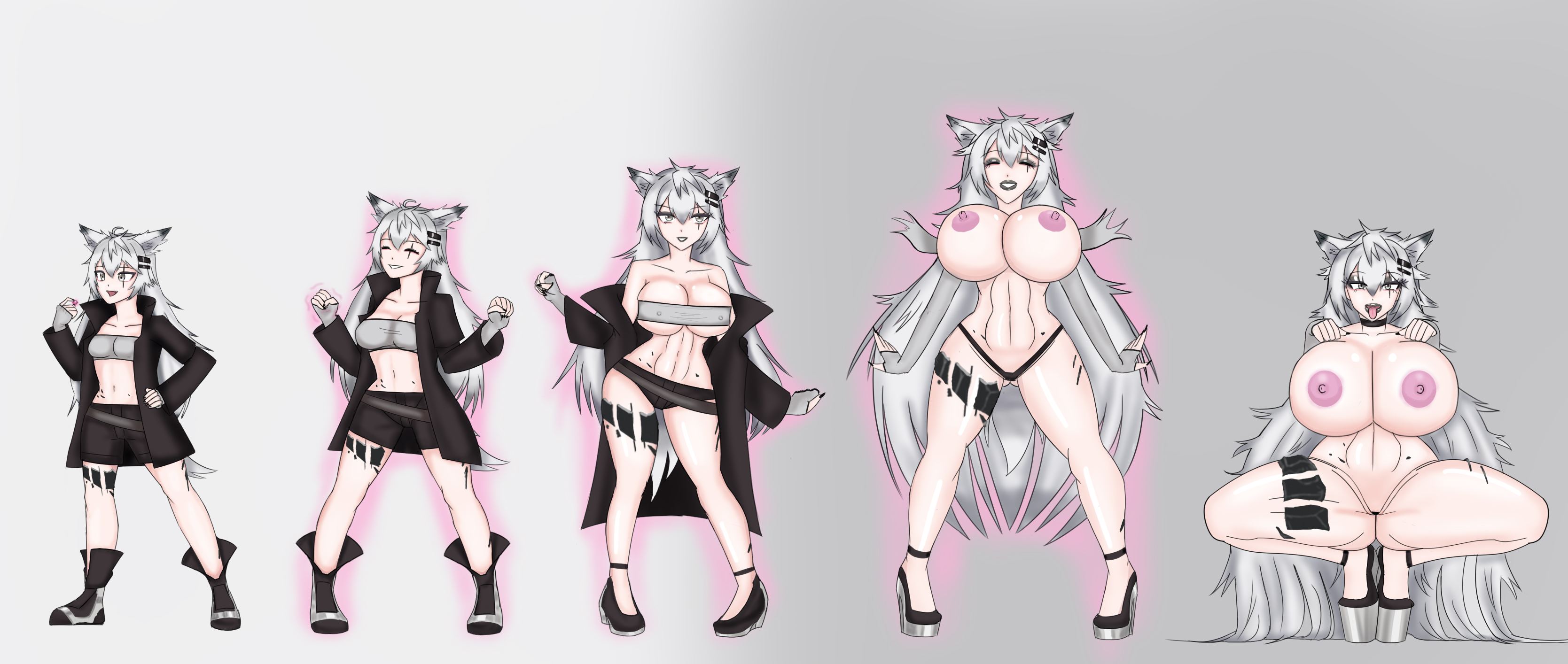 1girls, age progression, arknights, bimbofication, bimbofication sequence, breast expansion, breast implants, female, female only, height growth, huge breasts, implants, lappland (arknights), large breasts, medium breasts, radromu, sequence, solo, standing, transformation, transformation sequence
