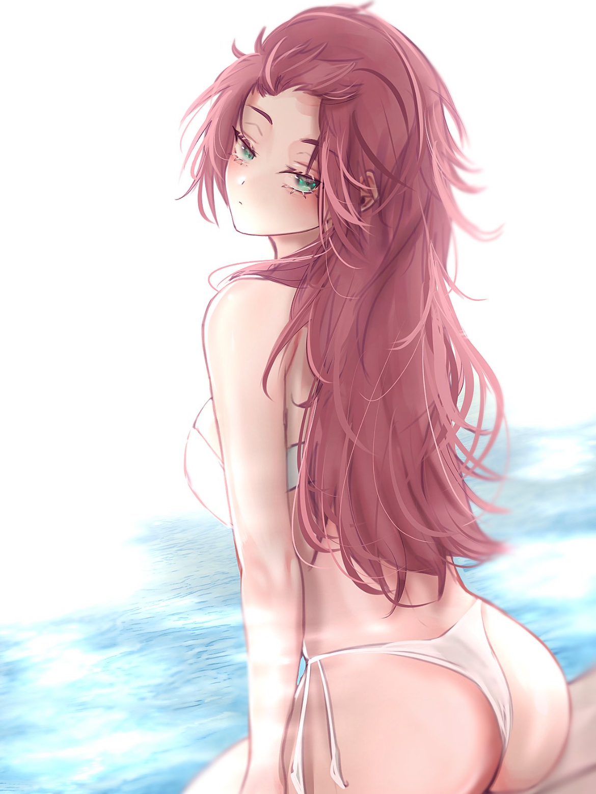 ass, ass cleavage, ass focus, big ass, bikini only, blue lock, booty, breast peek, breasts visible from back, female, female focus, female only, femlock, genderbend, green eyes, in water, itoshi sae, long hair, looking at viewer, panties, plump ass, red hair, rule 63, sexy, sexy female, sideboob, sister, transfem, water, white panties