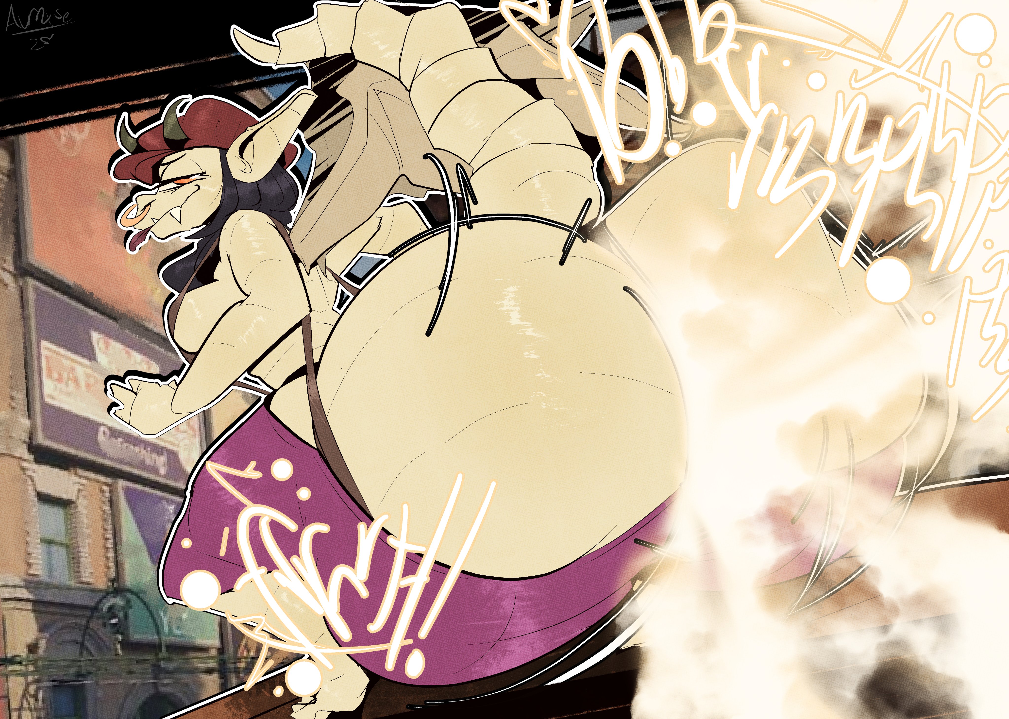 2d, ass, ass bigger than head, aurnxse, big ass, big fart, big tail, deadlock, fart, fart cloud, fart fetish, farting, fat ass, female, female farting, female only, gargoyle, headwear, huge ass, ivy (deadlock), looking at viewer, monster, monster girl, motion lines, no genitals, no sex, nonhuman, onomatopoeia, pants, solo, solo female, squatting, tagme, tail, text, thick tail, tongue out