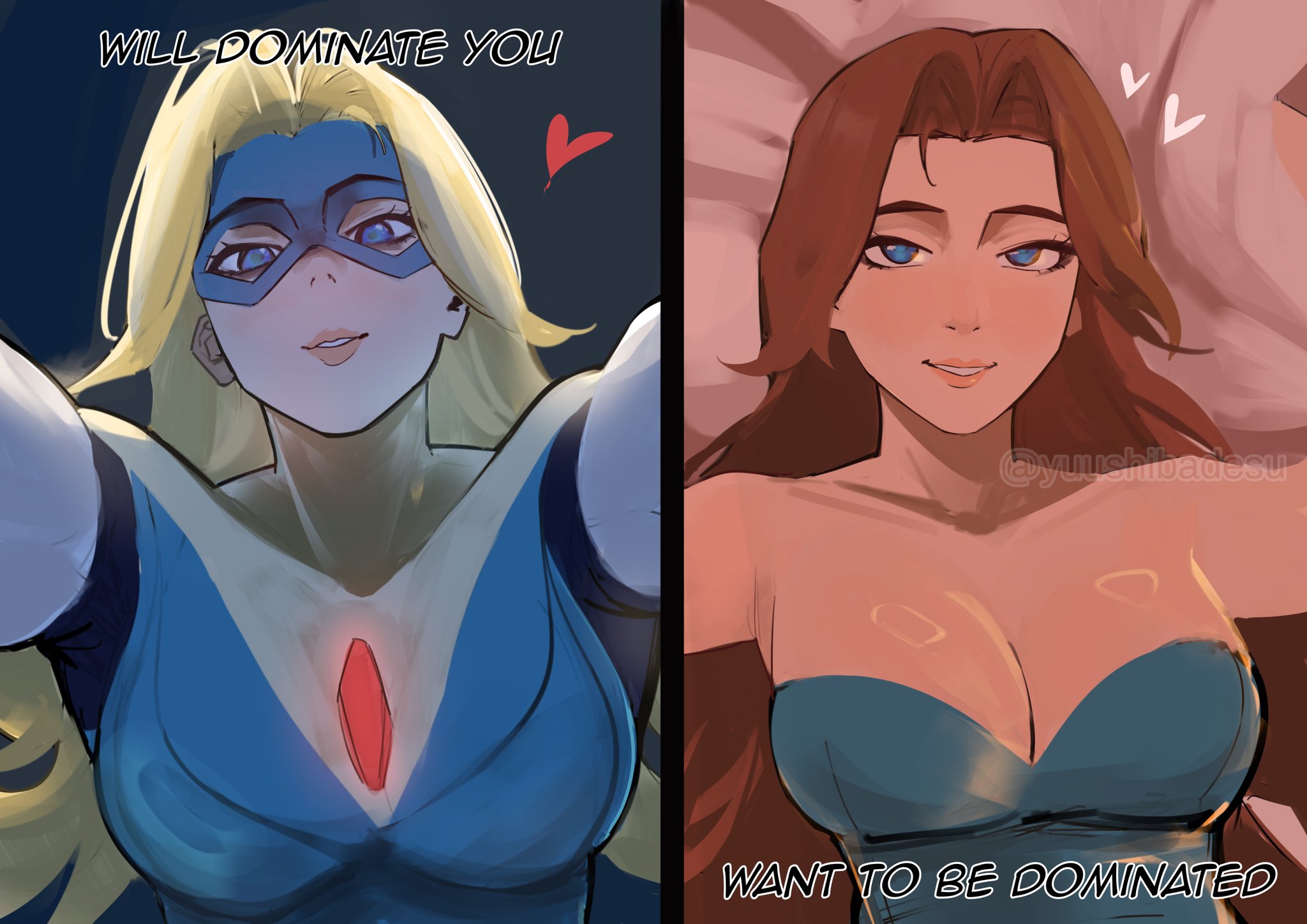 blonde, blonde blazer, blonde female, blonde hair, blonde hair female, blue eyes, blue mask, bodysuit, breasts, brown hair, brown hair female, brunette, brunette female, brunette hair, curvaceous, curvaceous body, curves, curvy, curvy body, curvy female, curvy figure, dispatch, dispatch (game), domino mask, dress, dual persona, english text, eye mask, female, gem, gloves, heroine, highres, hourglass figure, jewelry, large breasts, light skin, light-skinned female, long hair, looking at viewer, mandy (dispatch), mask, smile, superhero, superhero costume, superheroine, voluptuous, voluptuous female, yuushiba