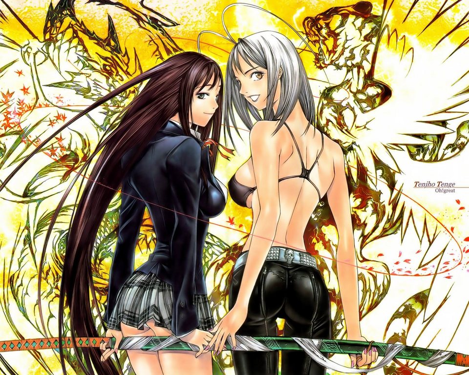 2girls antenna_hair arms_behind_back ass back belt bikini_top black_hair breasts dragon female female_only from_behind green_eyes grey_eyes human katana large_breasts leather_pants long_hair looking_back multiple_girls nail_polish natsume_aya natsume_maya no_visible_genitalia nodachi oh!_great panties plaid scabbard school_uniform serafuku sheathed_sword short_hair sideboob silver_hair skirt skull smile sword tartan tenjou_tenge underwear very_long_hair voluptuous weapon white_hair white_panties yellow_eyes