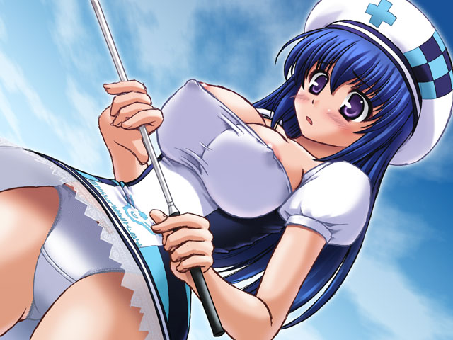 1girls areolae arin beret blue_hair breasts cleavage female from_below golf golf_club hat lifeguard long_hair miniskirt nipple_slip nipples nurse pangya panties purple_eyes skirt solo underwear upskirt white_panties