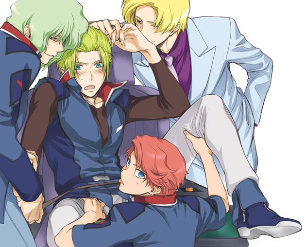 4boys arm_up artist_request belt blonde_hair blue_eyes blush boots buckle clotho clotho_buer coat crotch_grab embarrassed forced_yaoi formal green_eyes green_hair grope groping gundam harem jacket kissing kissing_hand leg_grab legs_held_open looking_at_viewer looking_back male multiple_boys muruta_azrael naughty_face necktie open_mouth orga_sabnak rape red_eyes red_hair restrained seed shani_andras short_hair sitting spread_legs struggle suit tongue tongue_out tuxedo undressing uniform wink wrist_grab yaoi