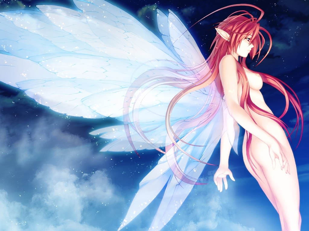 ass breasts cloud color fairy fairy_wings female female_only ignis_(jingai_makyo) jingai_makyou long_hair night nishii_(nitroplus) nitroplus nude pointy_ears red_hair sideboob solo standing star wallpaper wings