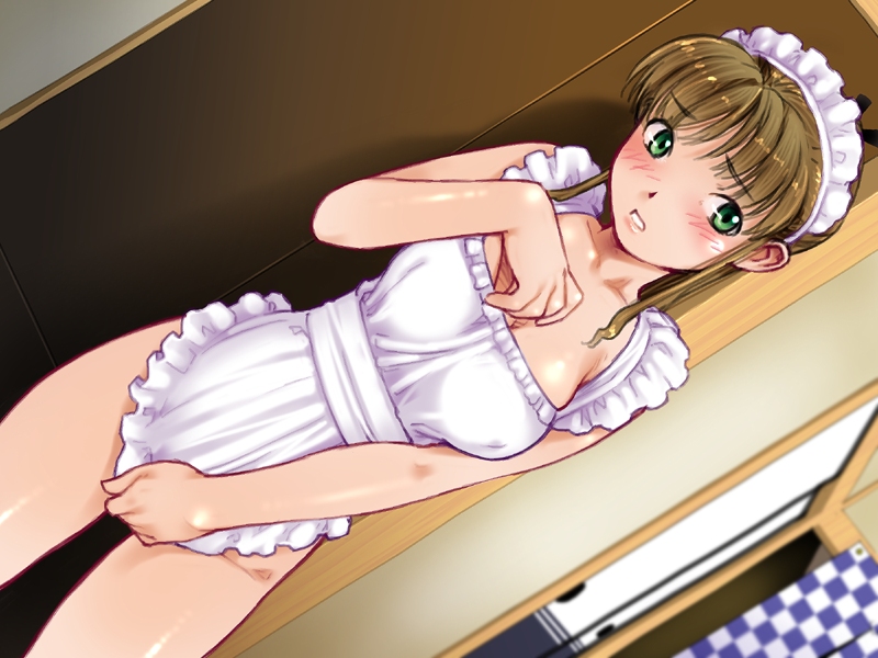 1girls blush brown_hair dutch_angle embarrassed game_cg green_eyes kiriyama_taichi maid maid_in_heaven maid_in_heaven_supers nagisa nagisa_(maid_in_heaven) naked_apron solo