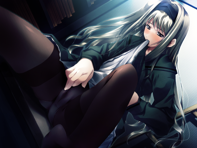 ayasaki_takako blush cartagra clothed_masturbation clothing game_cg grey_hair hairband long_hair masturbation mouth_hold panties panties_under_pantyhose pantyhose school_uniform seifuku serafuku skirt skirt_lift solo sugina_miki underwear