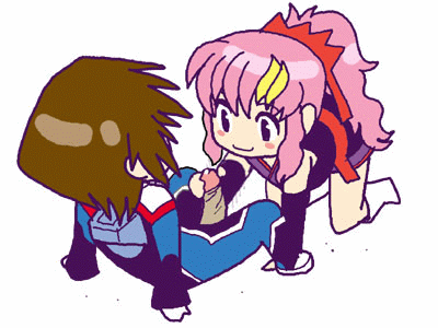 1boy 1girls 2d animated chibi clothed clothing female gundam gundam_seed handjob human human_female human_male human_only kira_yamato lacus_clyne loop lowres male penis pink_hair sex smile straight