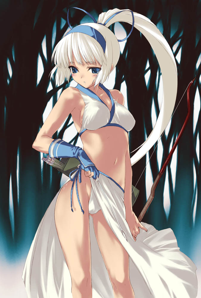 arrow blue_eyes bow_(weapon) gloves hairband highleg highleg_panties kawata_hisashi majikina_mina midriff panties ponytail samurai_shodown snk solo tied_hair underwear weapon white_hair white_panties