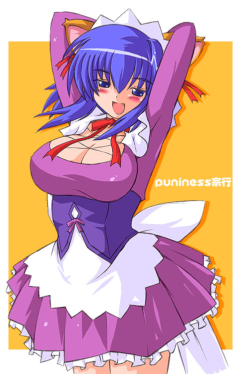 animal_ear apron arms_up blue_eyes blue_hair blush breasts cute_fang dress female frills kokubunji_koyori magical_maid_koyori maid maid_headdress nurse_witch_komugi-chan orange_background payot purple_dress short_hair skirt smile solo