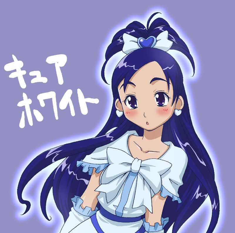 blush bow character_name clothing cure_white earrings face futari_wa_precure futari_wa_pretty_cure gloves haganemaru_kennosuke jewelry long_hair magical_girl precure pretty_cure purple_eyes purple_hair solo translation_request yukishiro_honoka