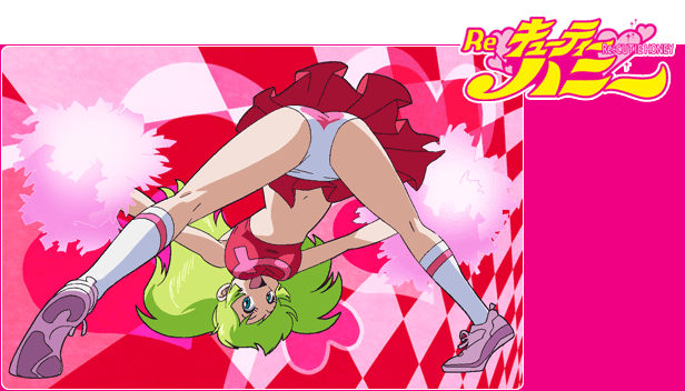 00s 1girls ass bent_over blue_eyes breasts cheerleader clothes_writing clothing_writing cutie_honey female footwear frontbend green_hair happy honey_kisaragi kneehighs long_hair looking_back midriff miniskirt panties pantyshot pom_poms print_panties re:_cutie_honey shoes skirt sneakers socks solo spread_legs tagme underwear upskirt white_panties