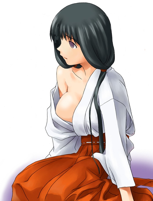 cleavage empty_eyes exif_thumbnail_surprise hakama japanese_clothes miko no_bra