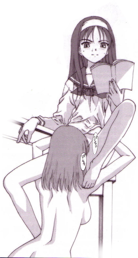 2girls backboob barefoot book bottomless breasts cunnilingus feet female kohaku kohaku_(tsukihime) monochrome multiple_girls multitasking nude oral reading school_uniform serafuku sitting spread_legs sweat toes tohno_akiha toono_akiha translated tsukihime type-moon yuri