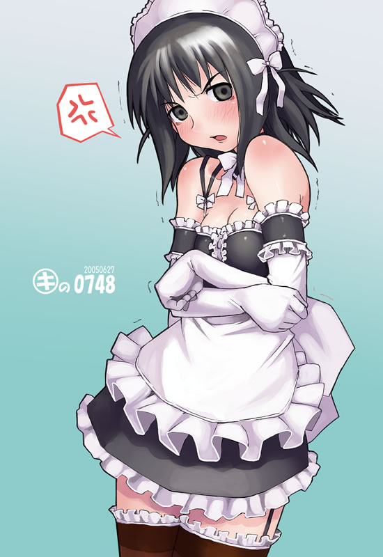 arm_garter bare_shoulders black_legwear black_thighhighs bonnet bow clothing crossover elbow_gloves garter_belt genshiken gloves gradient gradient_background kei_jiei kore_ga_watashi_no_goshujin-sama maid maid_headdress ogiue_chika parody ribbon solo stockings suspenders thighhighs trembling zettai_ryouiki