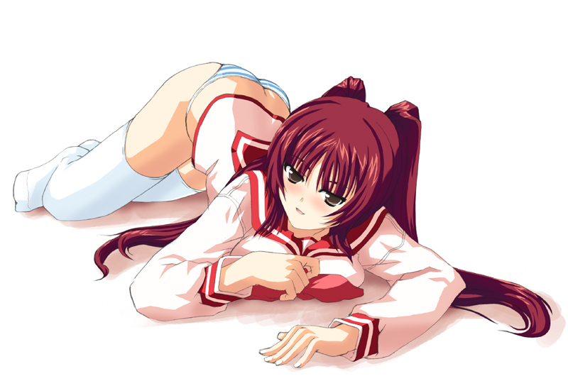 ass ass_cleavage blue_eyes blue_panties blue_striped_panties blush bottomless brown_eyes butt_crack clothing date_(artist) kousaka_tamaki long_hair lying no_pants on_stomach panties red_hair school_uniform serafuku shimapan solo stockings striped striped_panties thighhighs to_heart_(series) to_heart_2 underwear white_legwear white_thighhighs